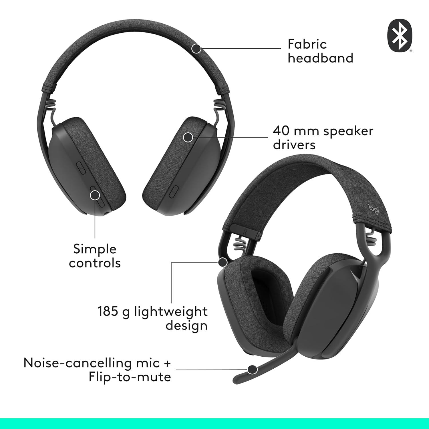 Logitech Zone Vibe 100 Lightweight Wireless Over-Ear Headphones Graphite Advanced Multipoint Bluetooth - Image 6