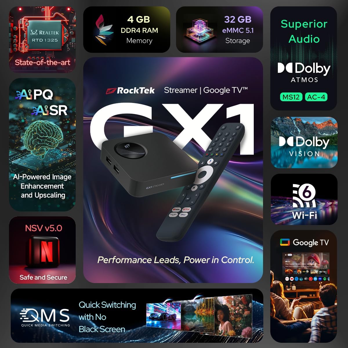 RockTek GX1 UHD Streamer with Google TV, 4K HDR Dolby Vision Atmos, WiFi6, 32GB Storage - Image 2