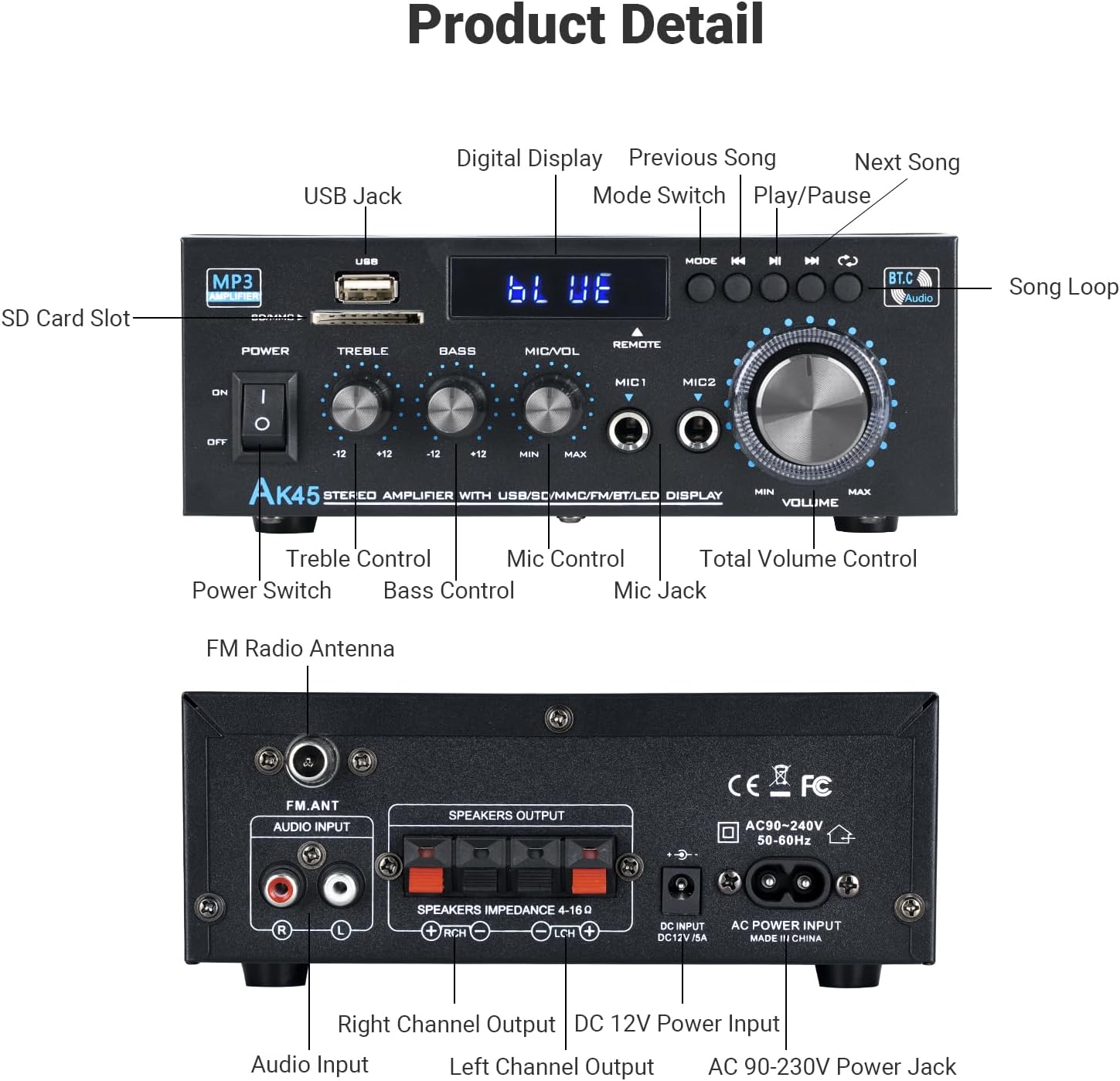 AK45 300W x 2 Home Stereo Receiver Amplifier with Bluetooth 5.0, USB, SD, FM, Karaoke and Remote Control - Image 4