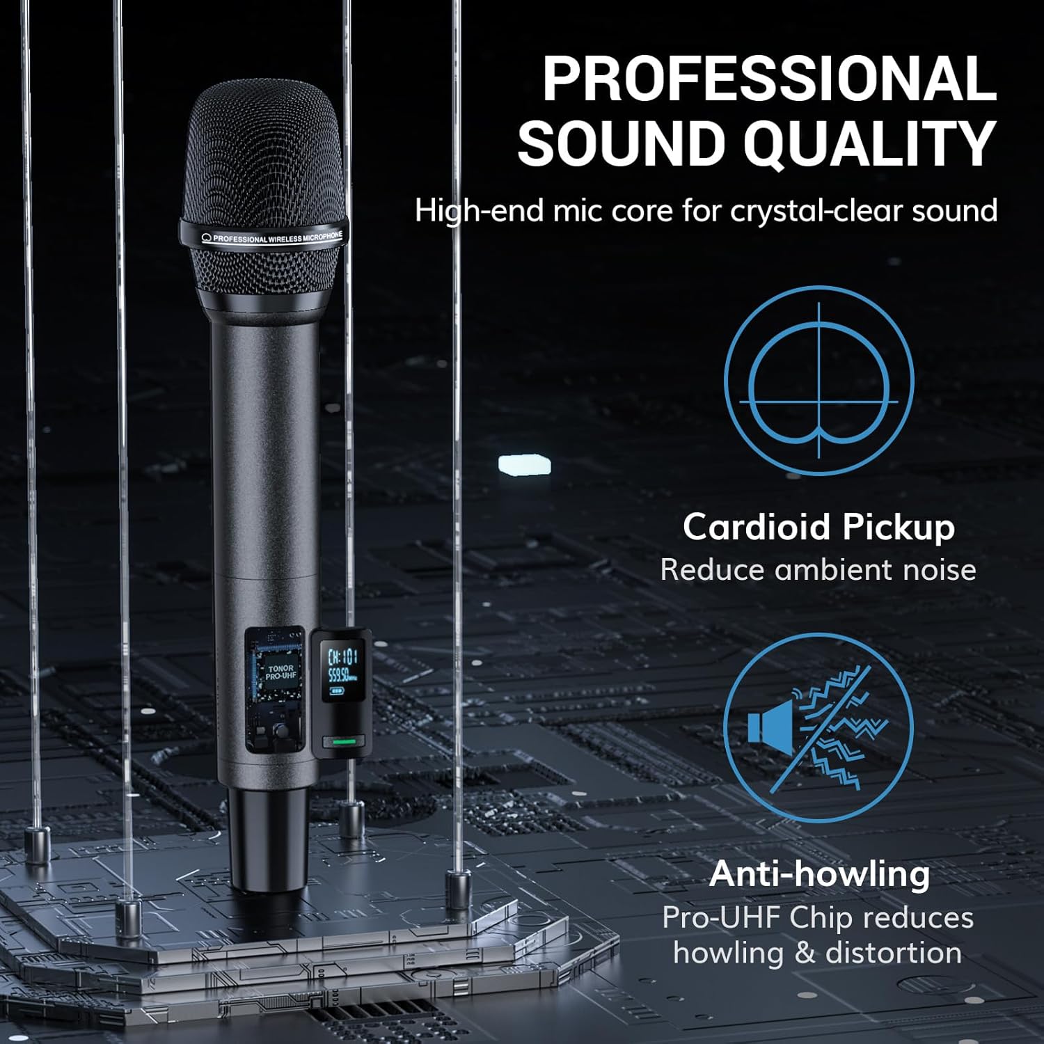 TONOR TW520 UHF Rechargeable Wireless Karaoke Microphone Set, 2x20 Channel Dynamic Mics, 262ft Range, Adjustable Volume - Image 3