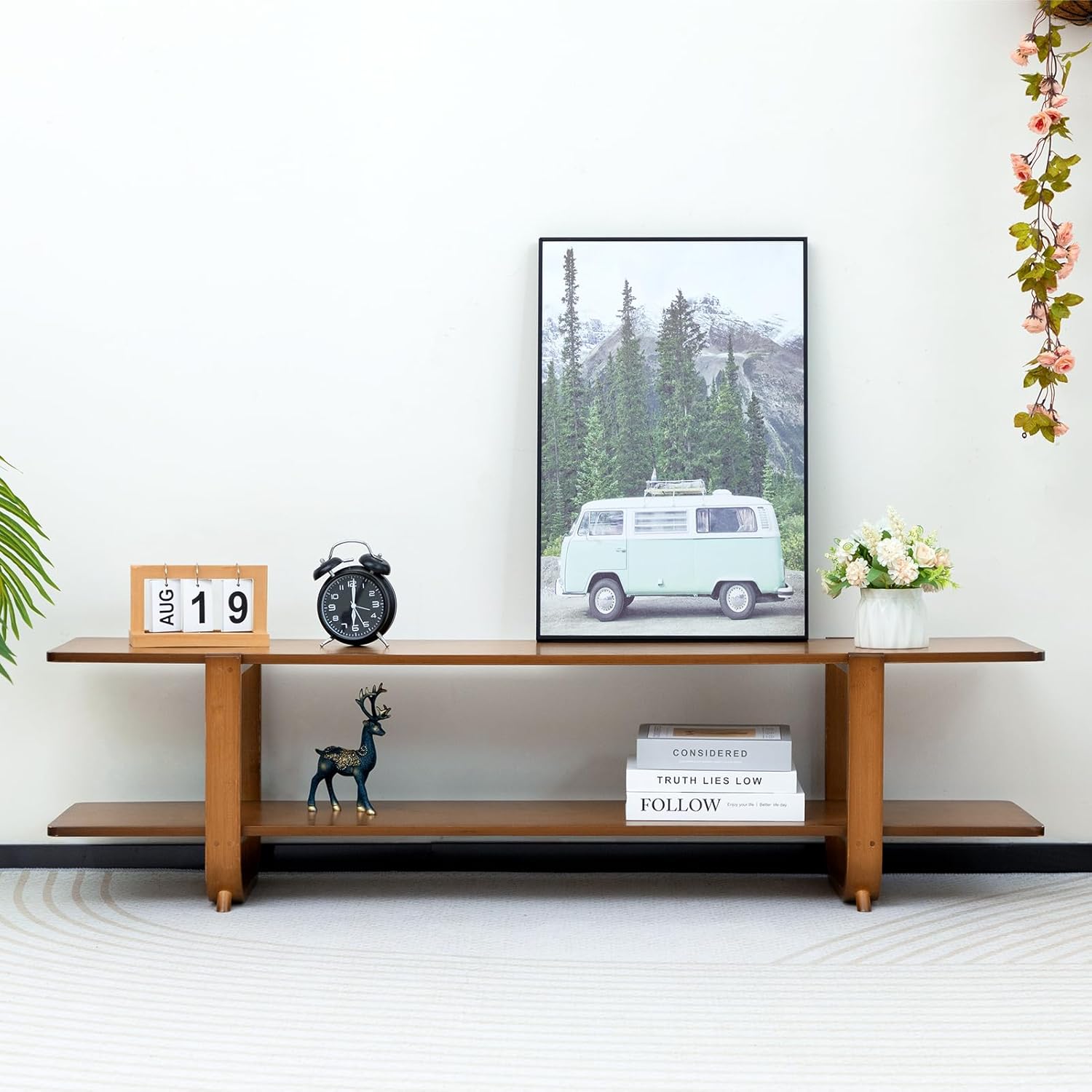 HollyHOME 55-inch Bamboo Modern TV Stand Walnut finish 2 Open Shelf Entertainment Center - Image 8