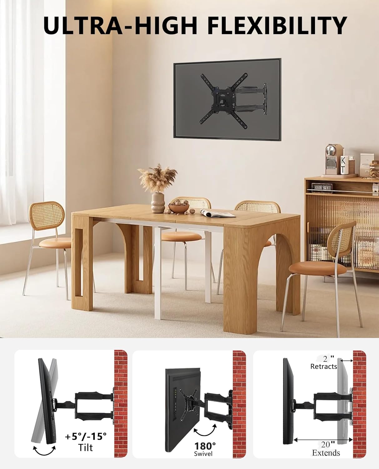 Articulating Full Motion 32-60 Inch TV Wall Mount Bracket, Extend Swivel Tilt, Up to 77 lbs, VESA 400x400 - Image 5