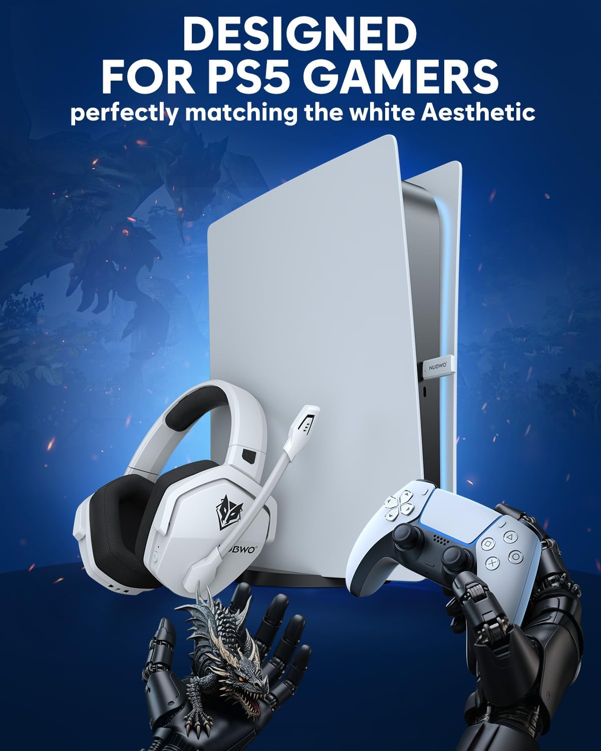 NUBWO G06 Dual Wireless Gaming Headset 100-Hour Playtime 50mm Drivers PS5 PS4 PC White-Black - Image 2