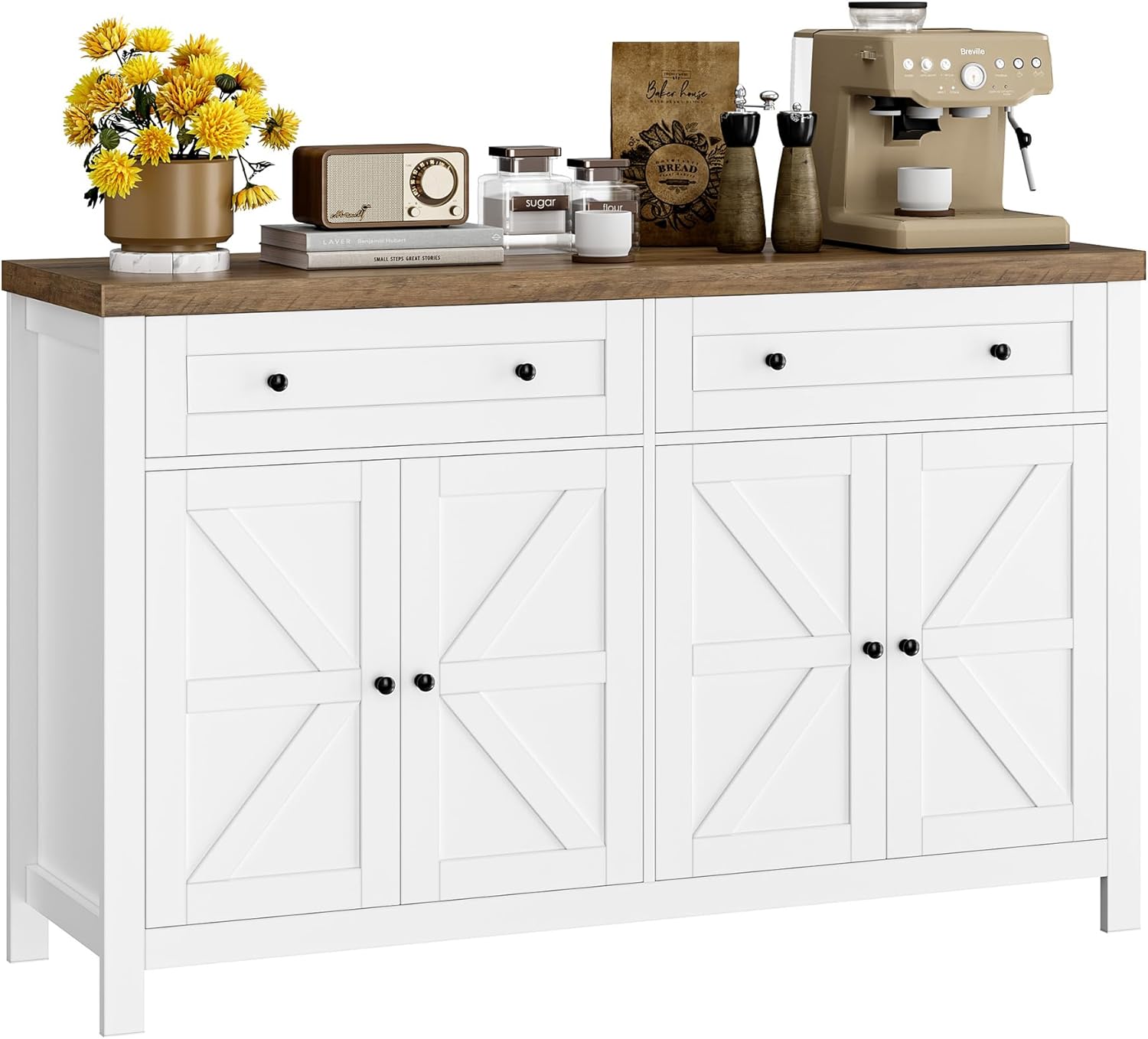 HOSTACK 55 Inch Modern Farmhouse Buffet Sideboard Cabinet with Drawers and Shelves White - Image 3