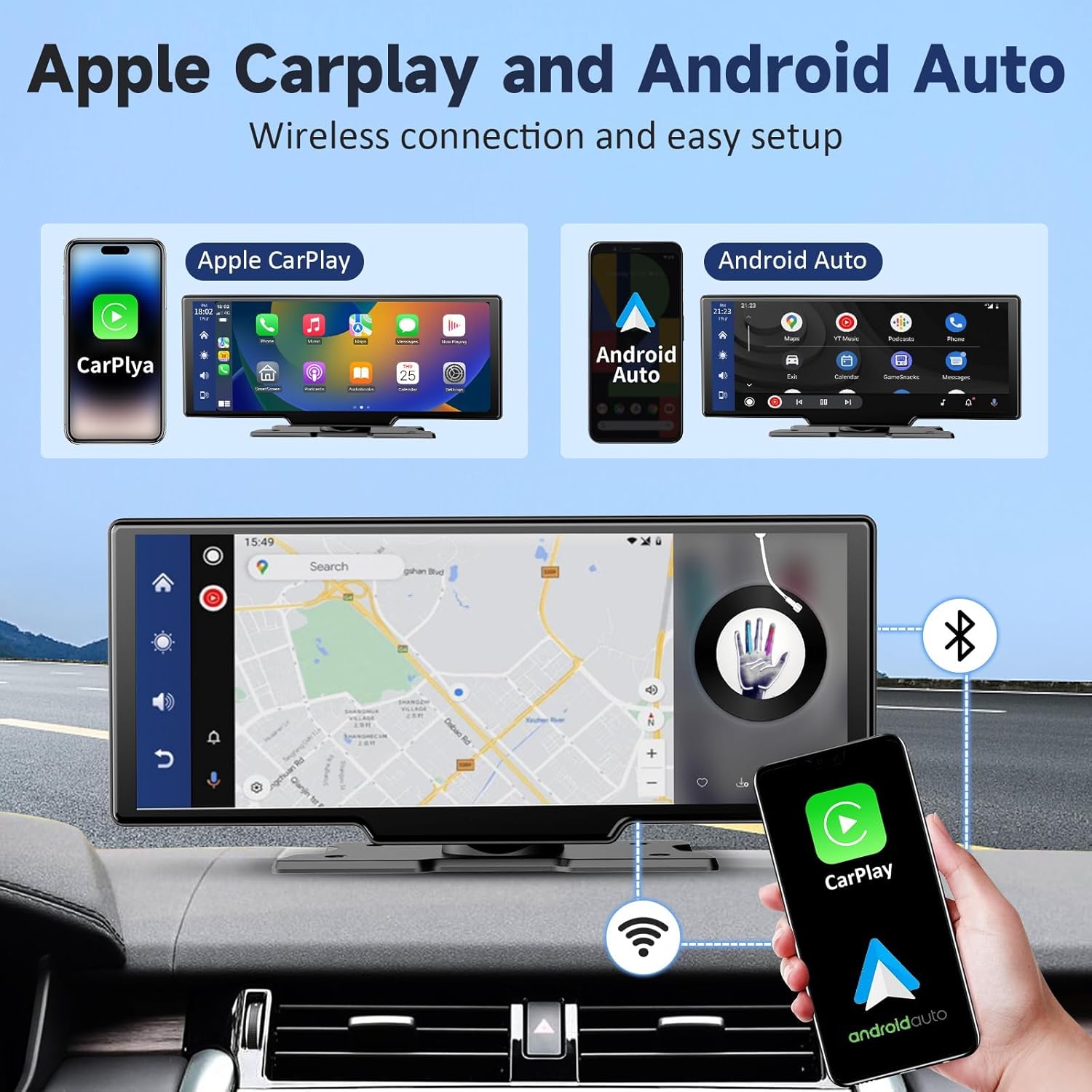 10.26 Inch Wireless Portable Carplay Screen with 4K Dash Cam, Bluetooth and GPS Navigation - Image 2