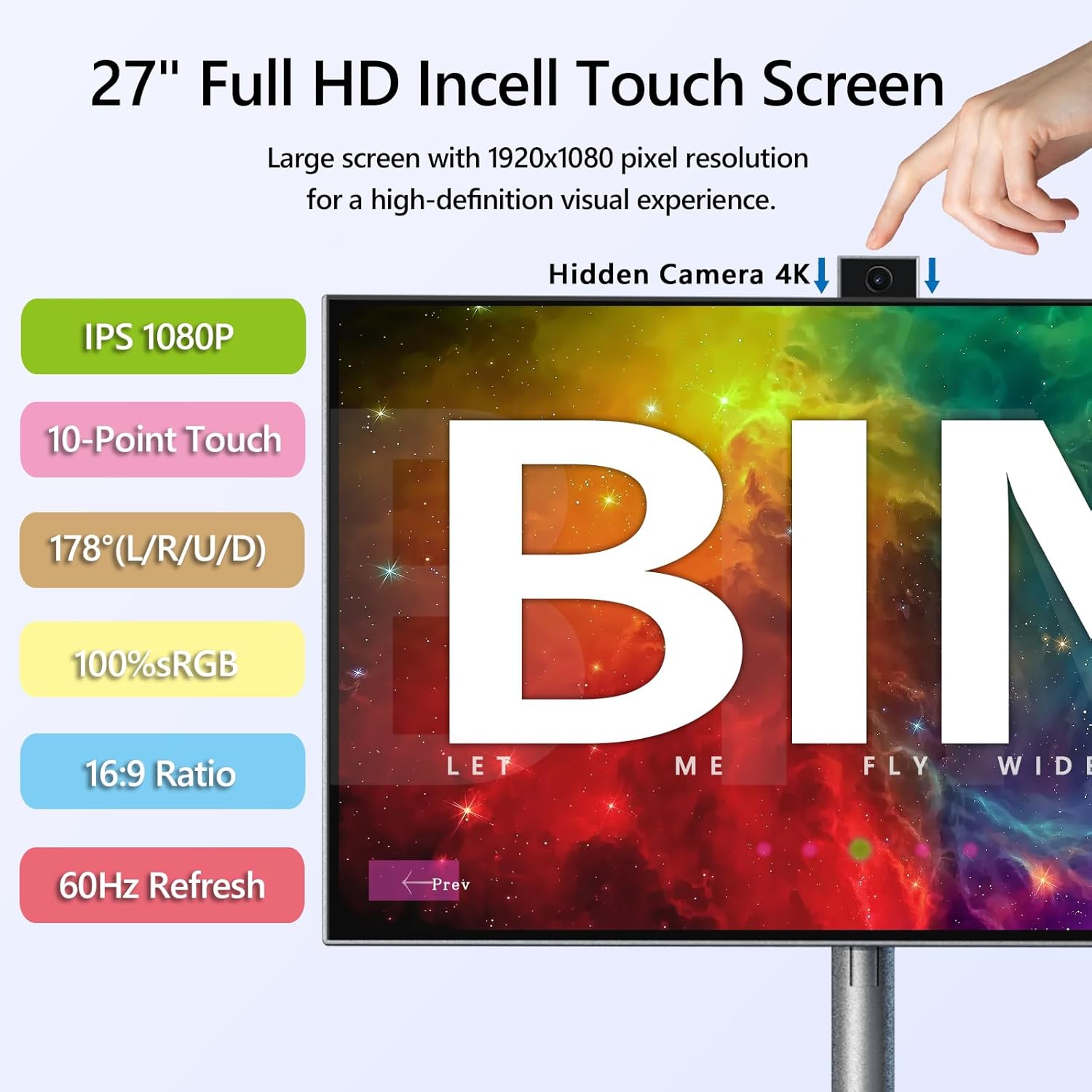 OFD 27 Inch Portable Touchscreen Monitor with Wheels, 1080p, 6+128GB Storage, Android 13 OS, Iron Gray - Image 4