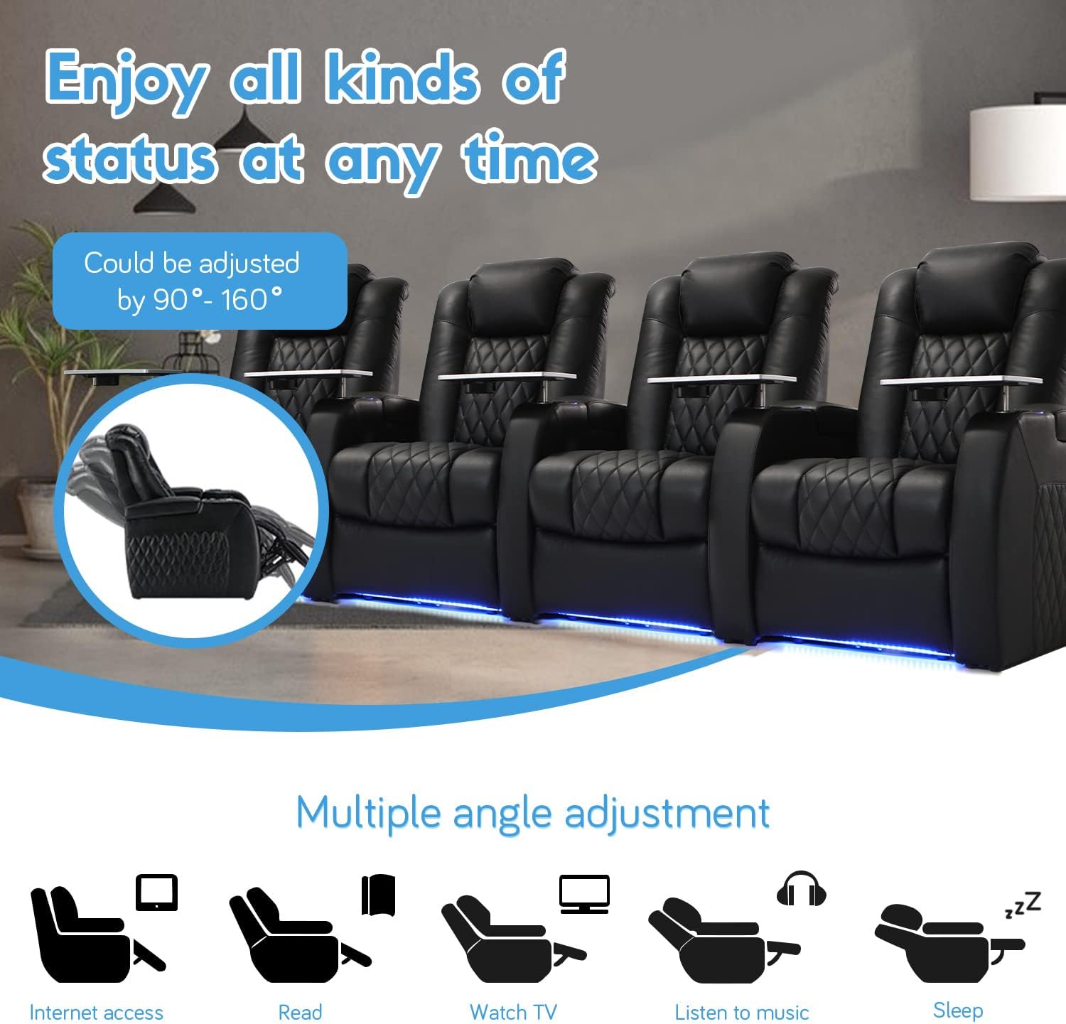 Black Top Grain Leather 4-Seat Home Theater Recliner Sofa with Power Headrest, Tray Table, and USB Charging - Image 6