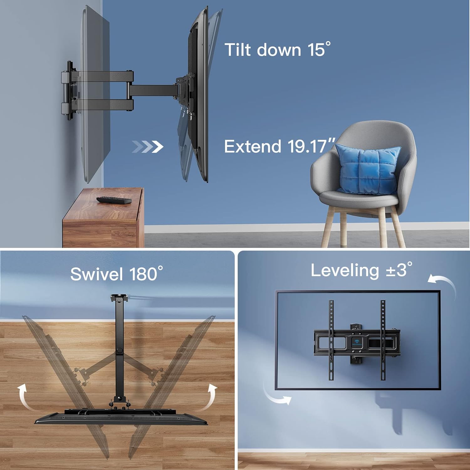 PERLESMITH Full Motion Articulating TV Wall Mount for 26-55 Inch TVs, Supports 70 lbs, Swivel Tilt Level Adjustment, Max VESA 400x400mm - Image 4