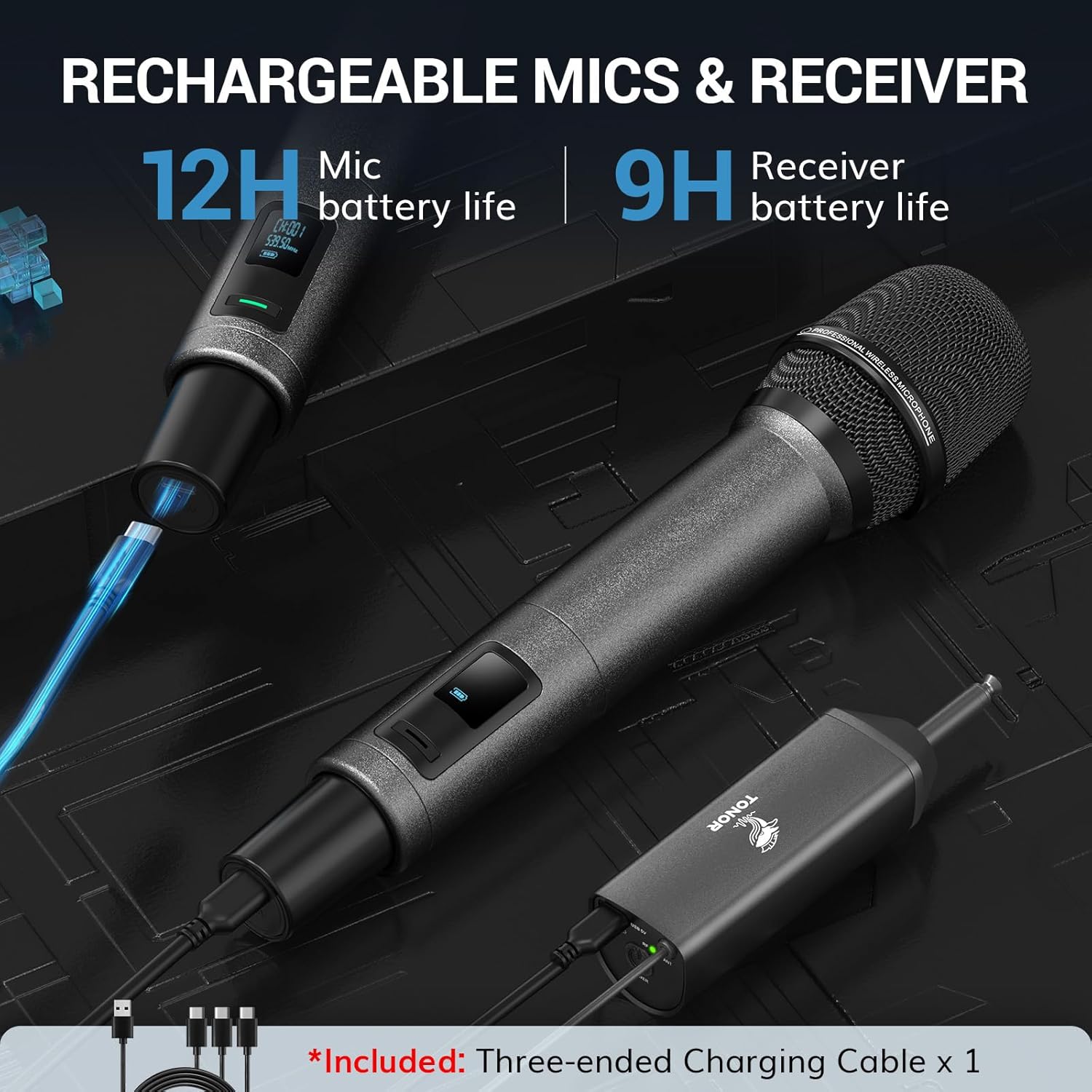 TONOR TW520 UHF Rechargeable Wireless Karaoke Microphone Set, 2x20 Channel Dynamic Mics, 262ft Range, Adjustable Volume - Image 5
