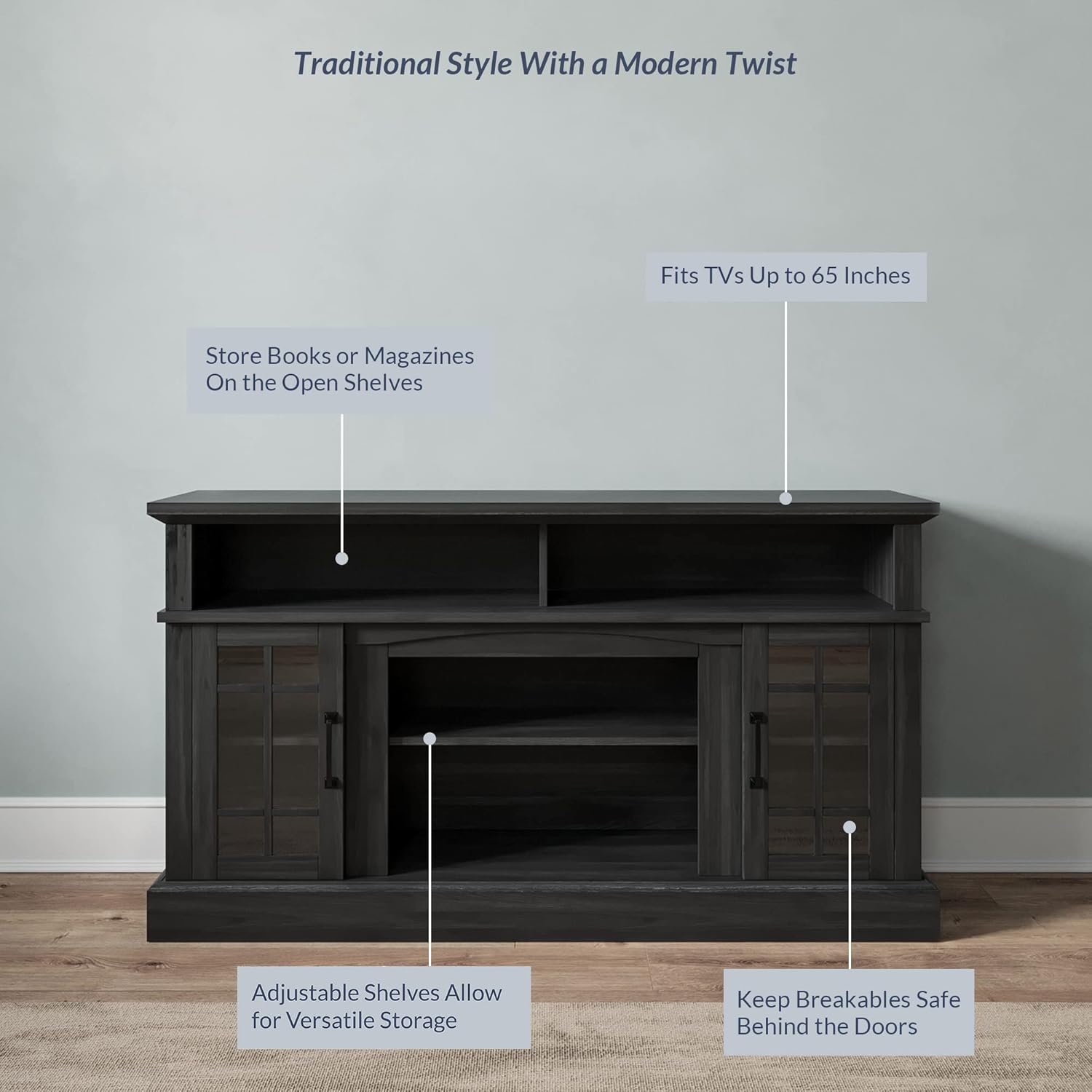 BELLEZE 58 Inch Rustic Grey TV Stand Entertainment Center for TVs up to 65" with Shelves and Glass Door Cabinets - Image 5