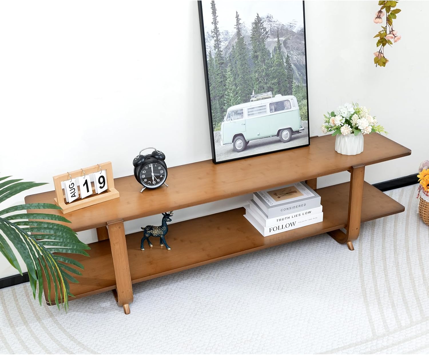 HollyHOME 55-inch Bamboo Modern TV Stand Walnut finish 2 Open Shelf Entertainment Center - Image 9