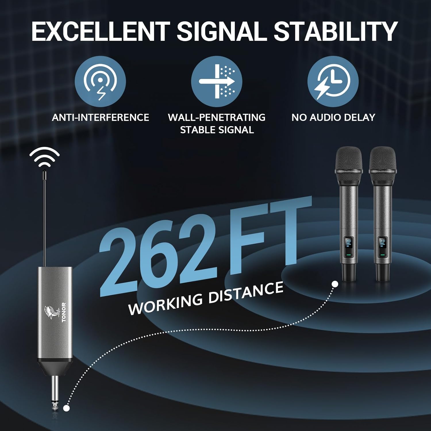 TONOR TW520 UHF Rechargeable Wireless Karaoke Microphone Set, 2x20 Channel Dynamic Mics, 262ft Range, Adjustable Volume - Image 2