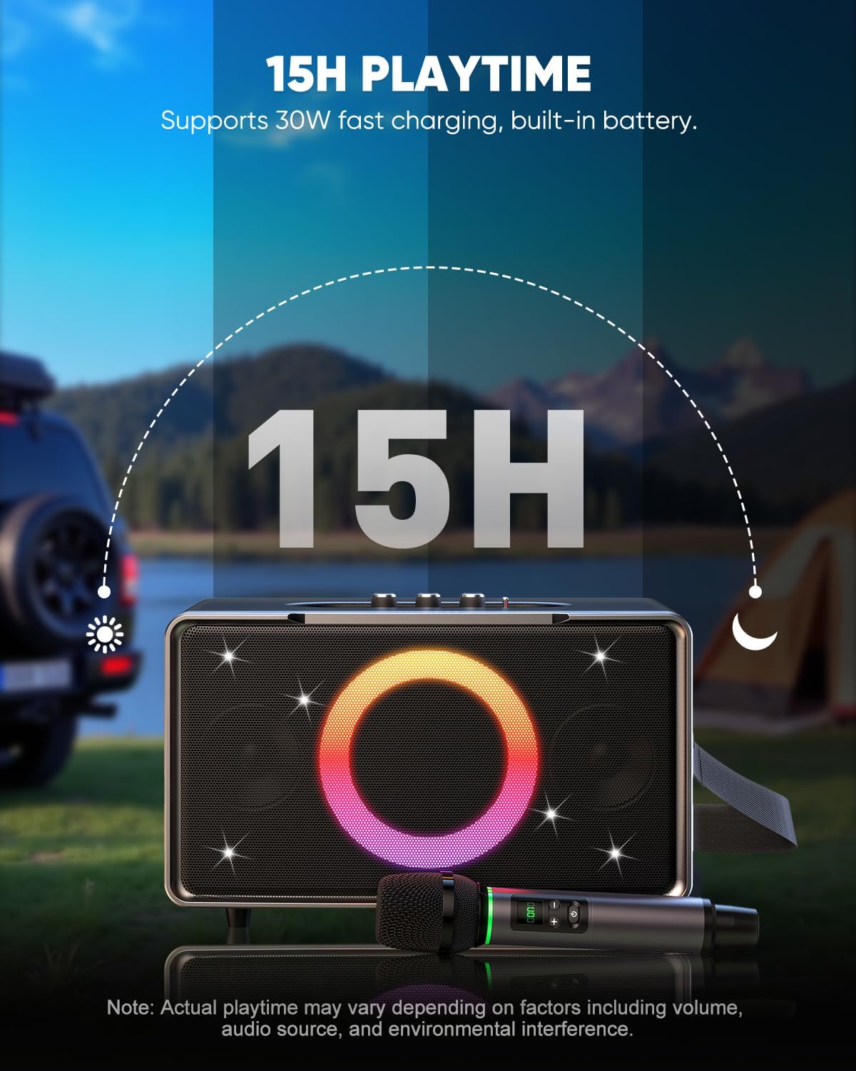 Silver Portable Bluetooth Speaker 100W, 15 Hour Playtime, Large 5" Subwoofer, LED Light Show, Fast Charging, 1 Microphone - Image 3