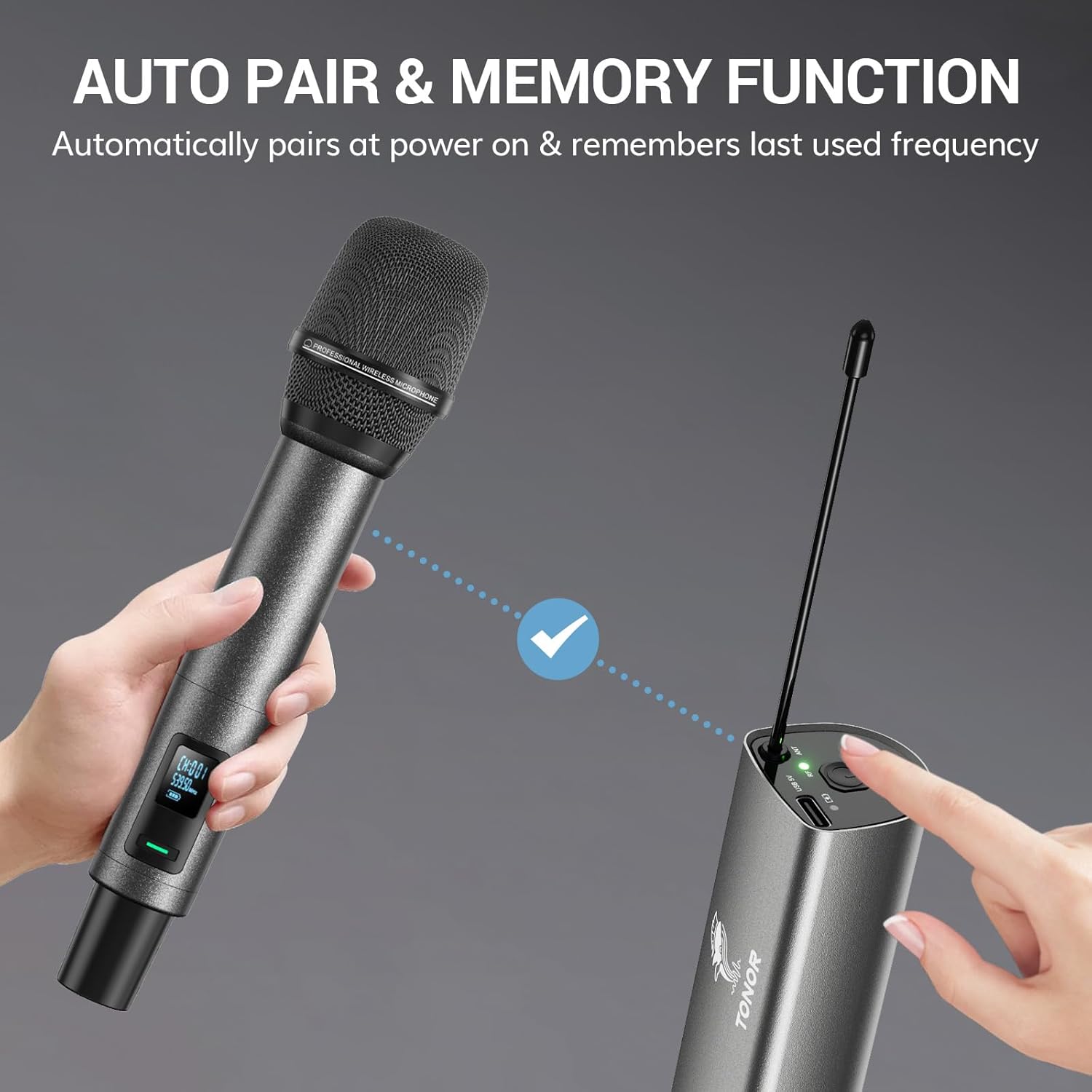 TONOR TW520 UHF Rechargeable Wireless Karaoke Microphone Set, 2x20 Channel Dynamic Mics, 262ft Range, Adjustable Volume - Image 6