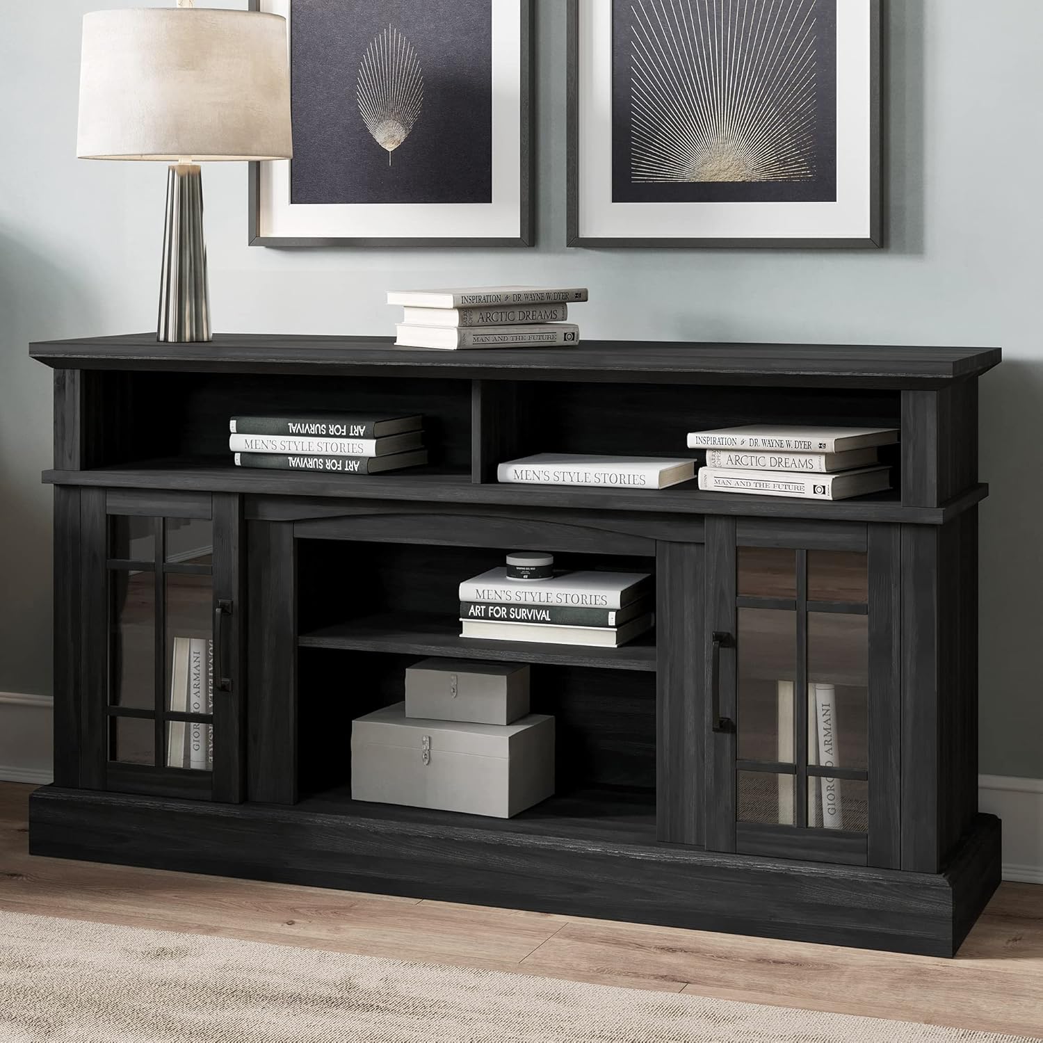 BELLEZE 58 Inch Rustic Grey TV Stand Entertainment Center for TVs up to 65" with Shelves and Glass Door Cabinets - Image 3