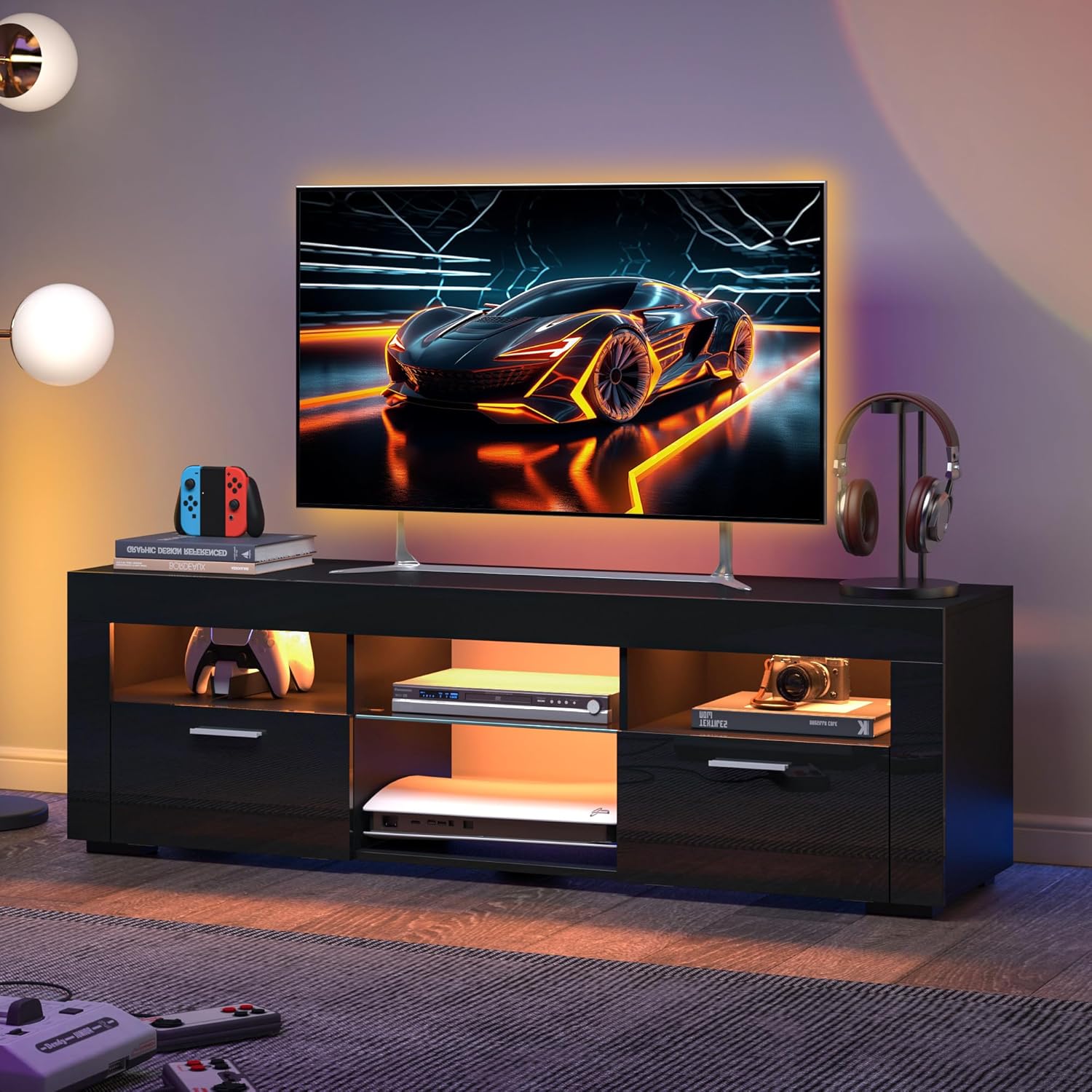 55 Inch High-Gloss Black Entertainment Center with Spacious Storage Cabinet - Image 2