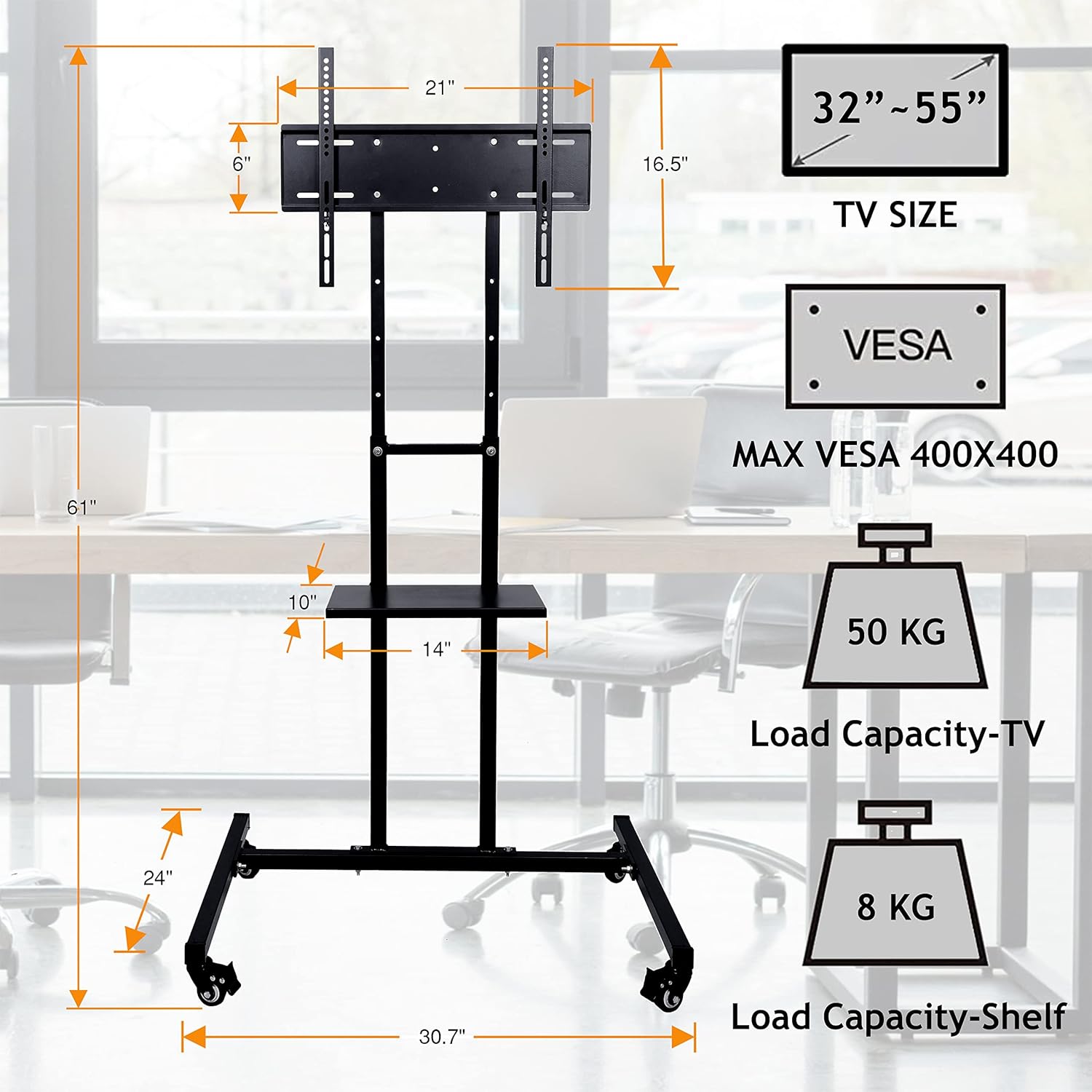 D&V Engineering 32-55 Inch Height Adjustable Metal Mobile TV Stand on Wheels - Image 3