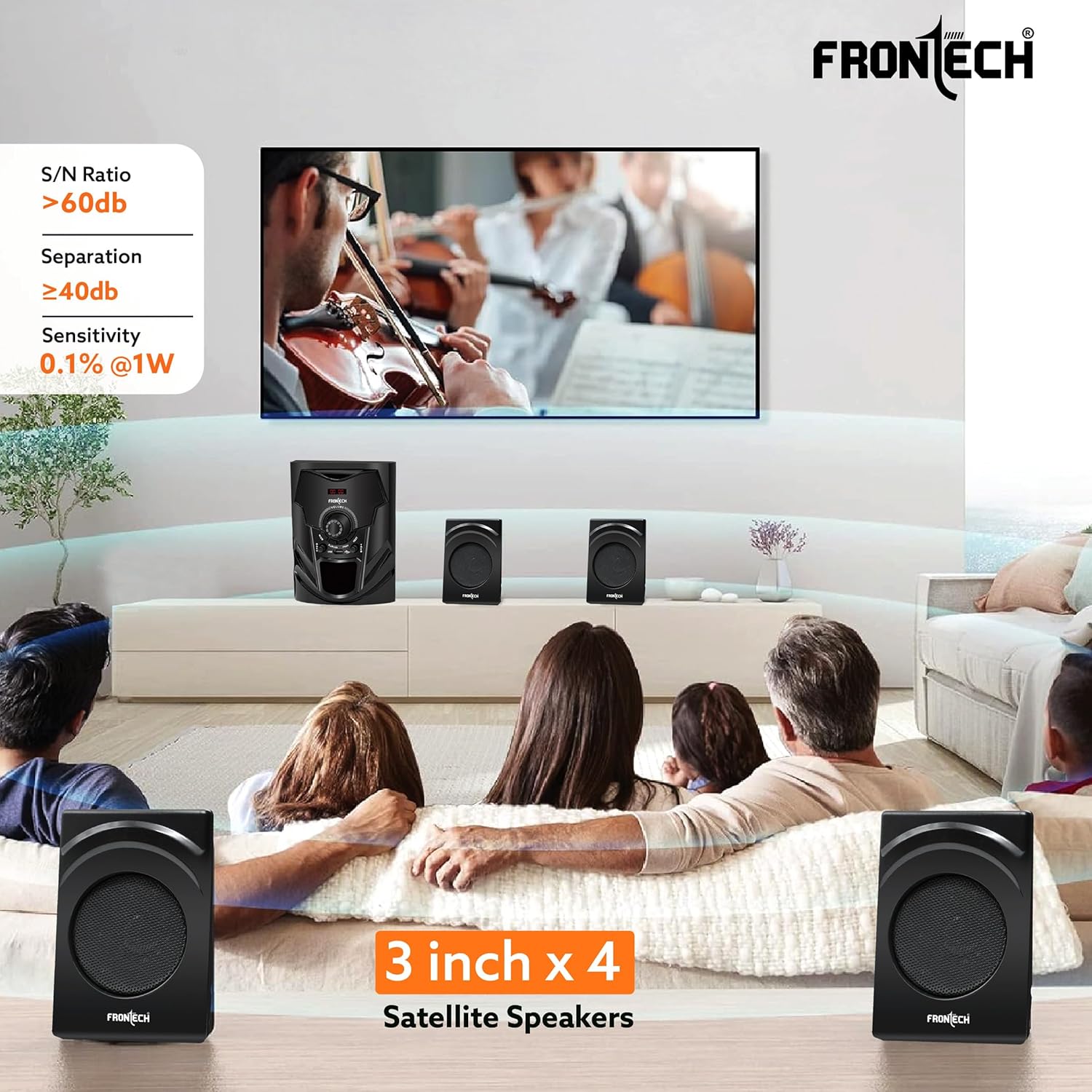 FRONTECH 4.1 Bluetooth 5.0 Speaker System 60W USB FM LED Display Black - Image 4