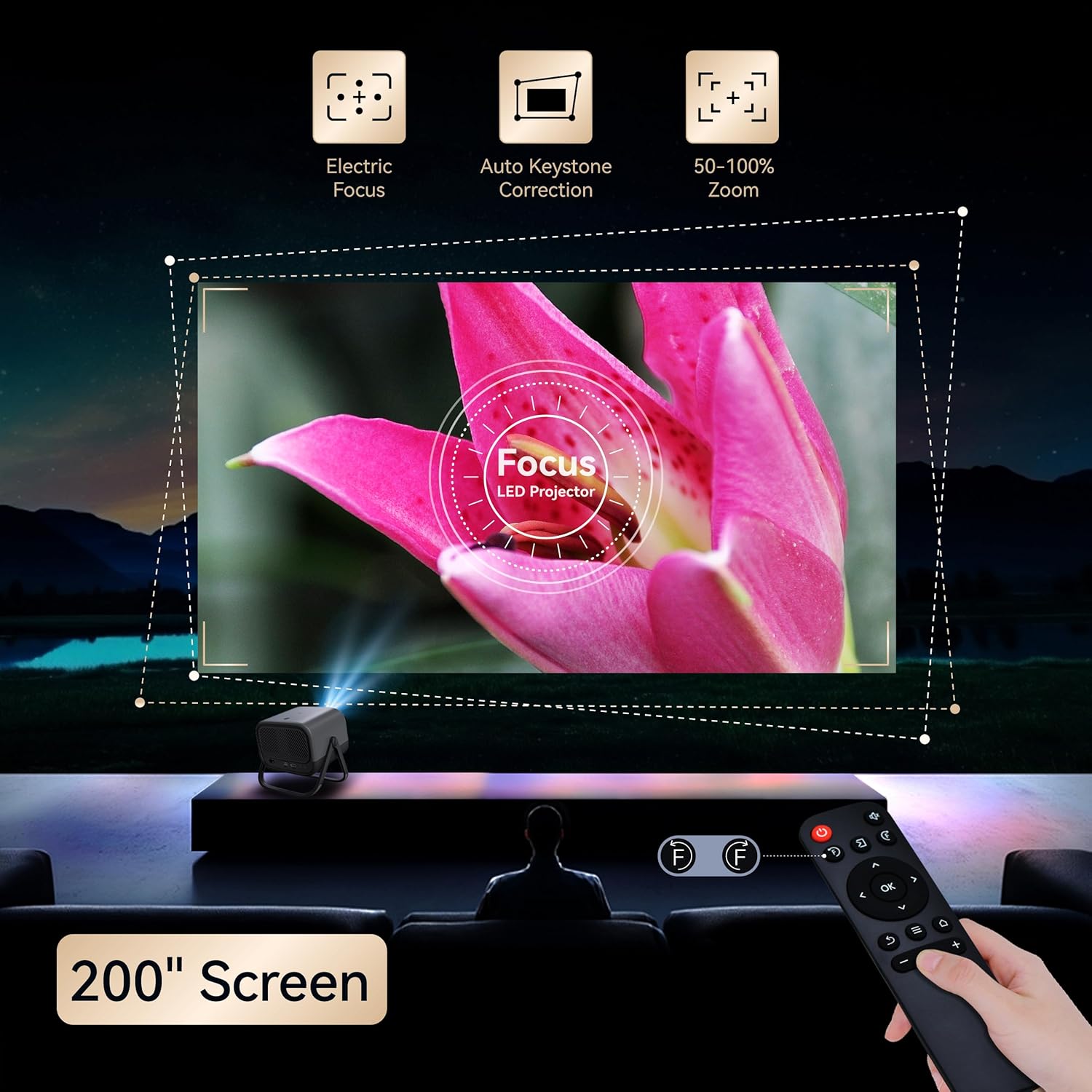 MEER 2025 Latest 1080P WiFi Bluetooth Auto Keystone Projector with Electric Focus and 360° Adjustable Stand - Image 4