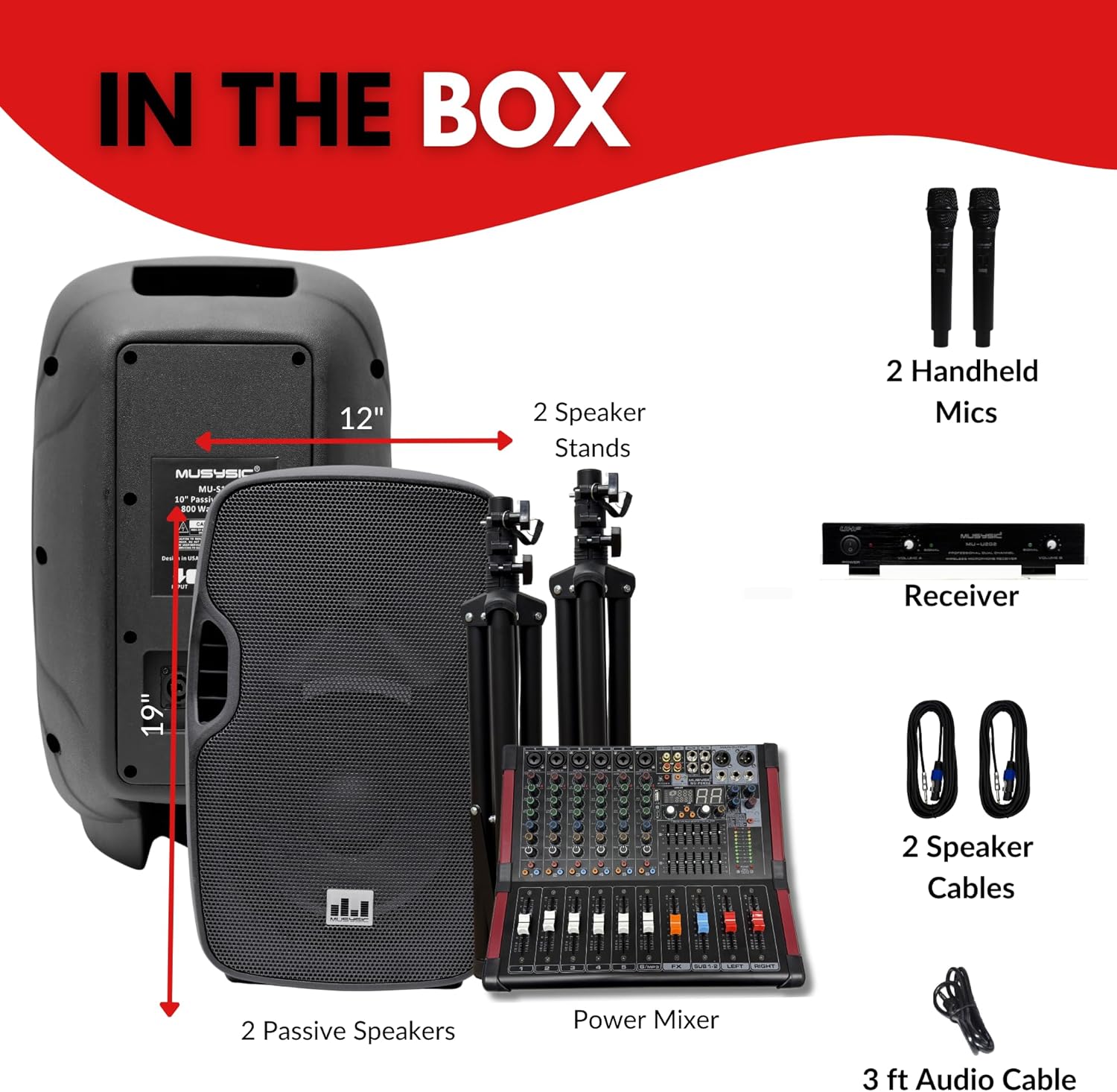 MUSYSIC Portable 2000W PA System 6 Channel Mixer with UHF Wireless Microphone and 10 Inch 800W Speaker, Includes Stands - Image 4
