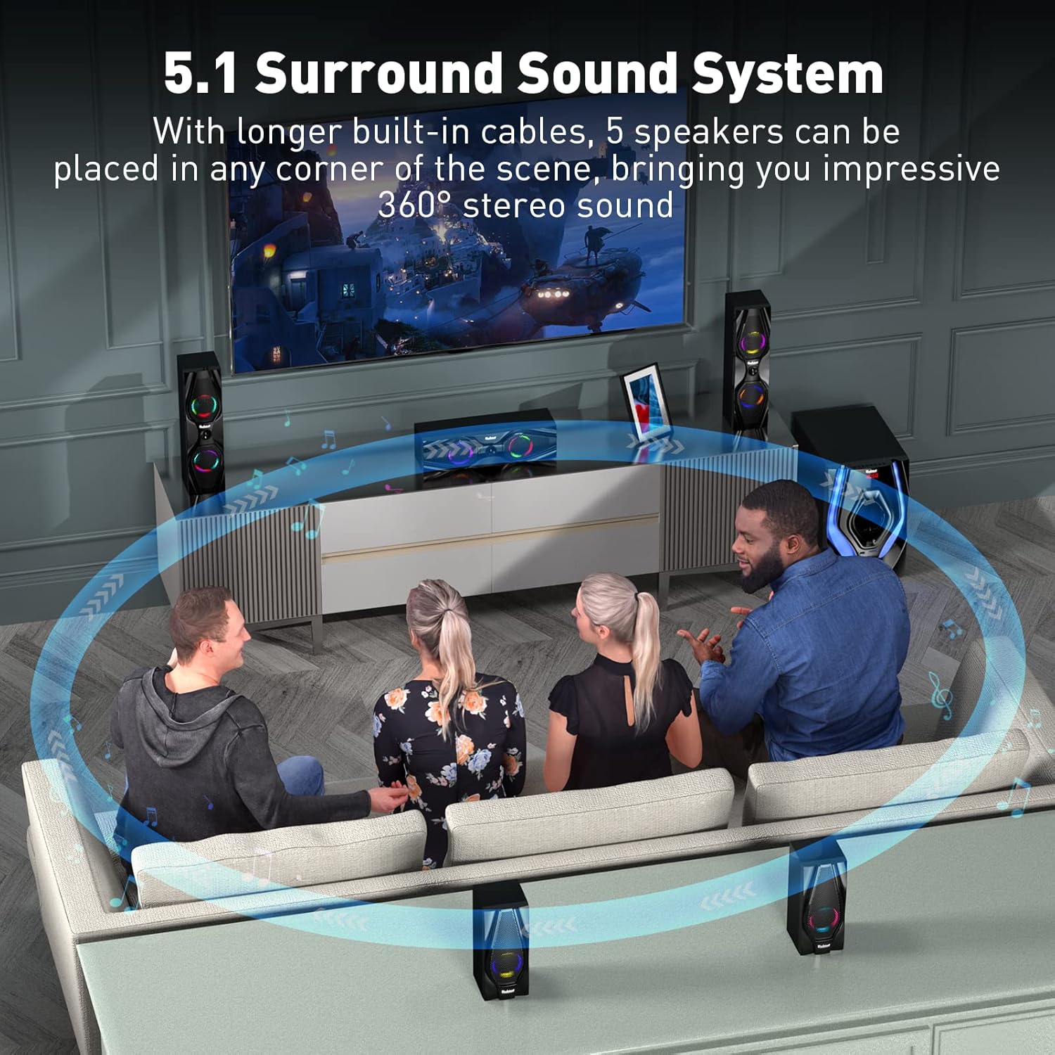 Bobtot 1200W 10 Inch Subwoofer 5.1 Channel Home Theater Surround Sound System with HDMI ARC Bluetooth for 4K TV - Image 2