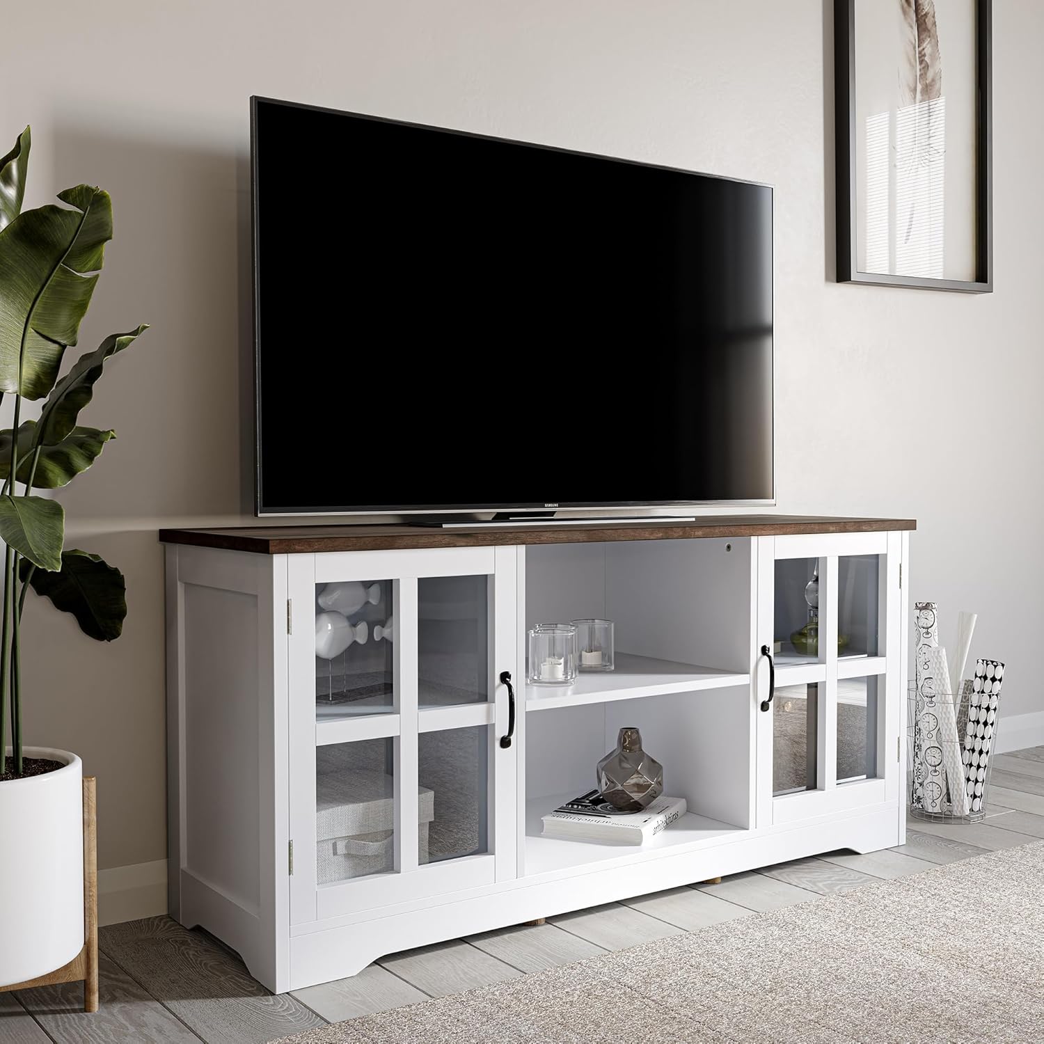 BELLEZE Modern 52 Inch White Media Console Sideboard Buffet for TVs up to 55 Inch Wood Glass Storage - Image 2
