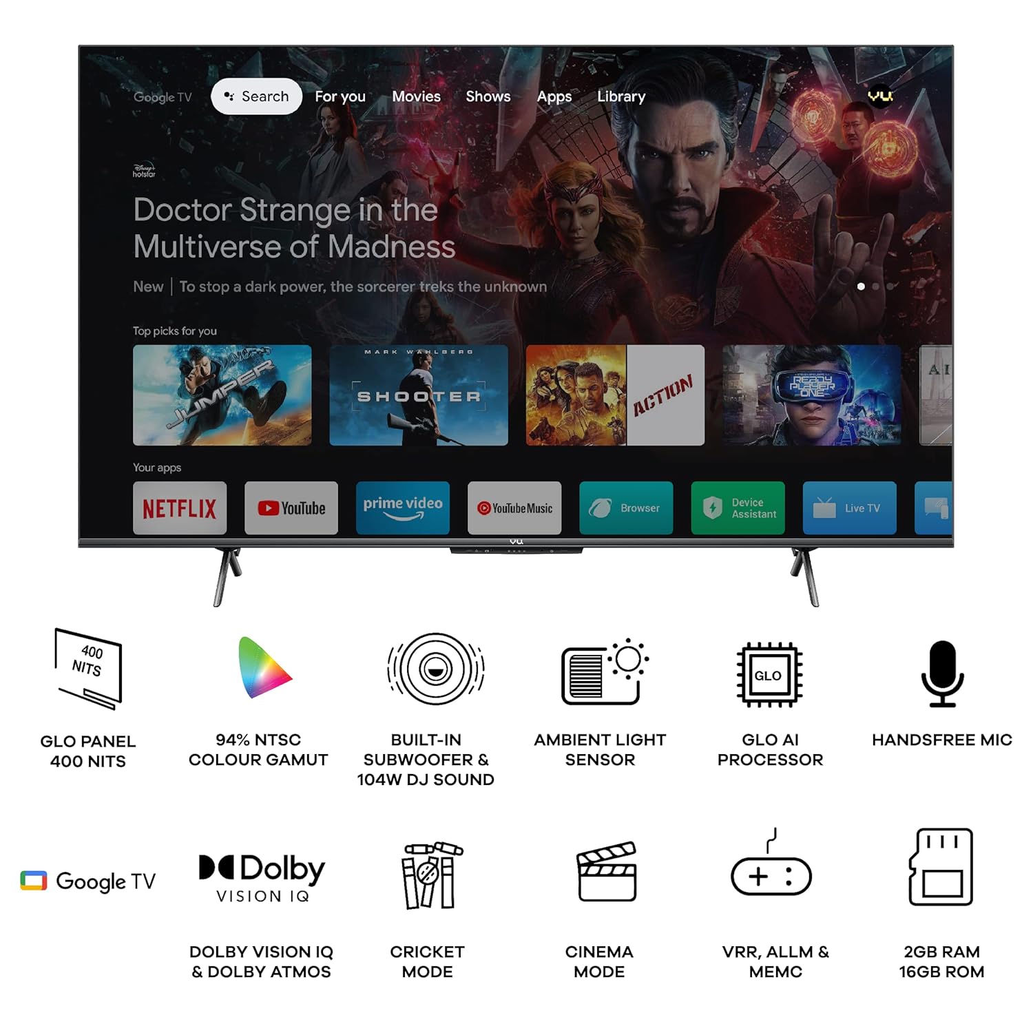 VU 50 inch 4K Smart Google TV GloLED Series 50GloLED Grey New - Image 3