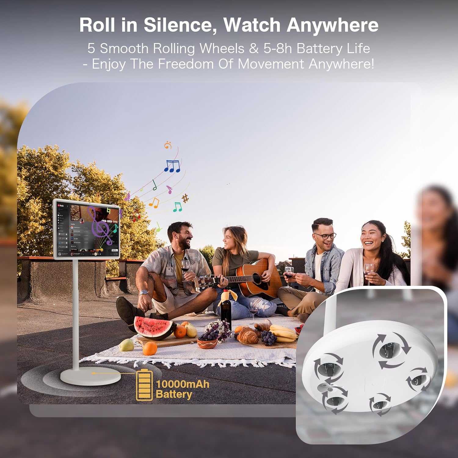 32 Inch Smart Rolling TV on Wheels 8+128GB Storage Built-in Battery for Portable Viewing - Image 3
