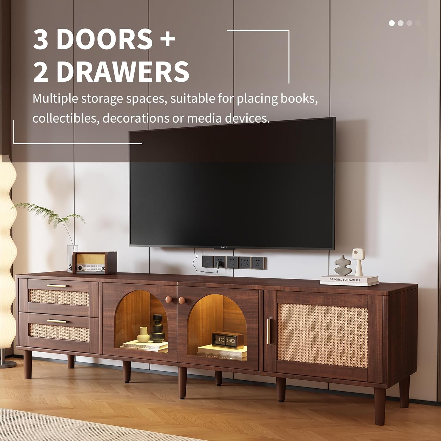 Merax Boho Dark Brown Entertainment Center Media Console with Rattan Decor and 3 Cabinets - Image 3