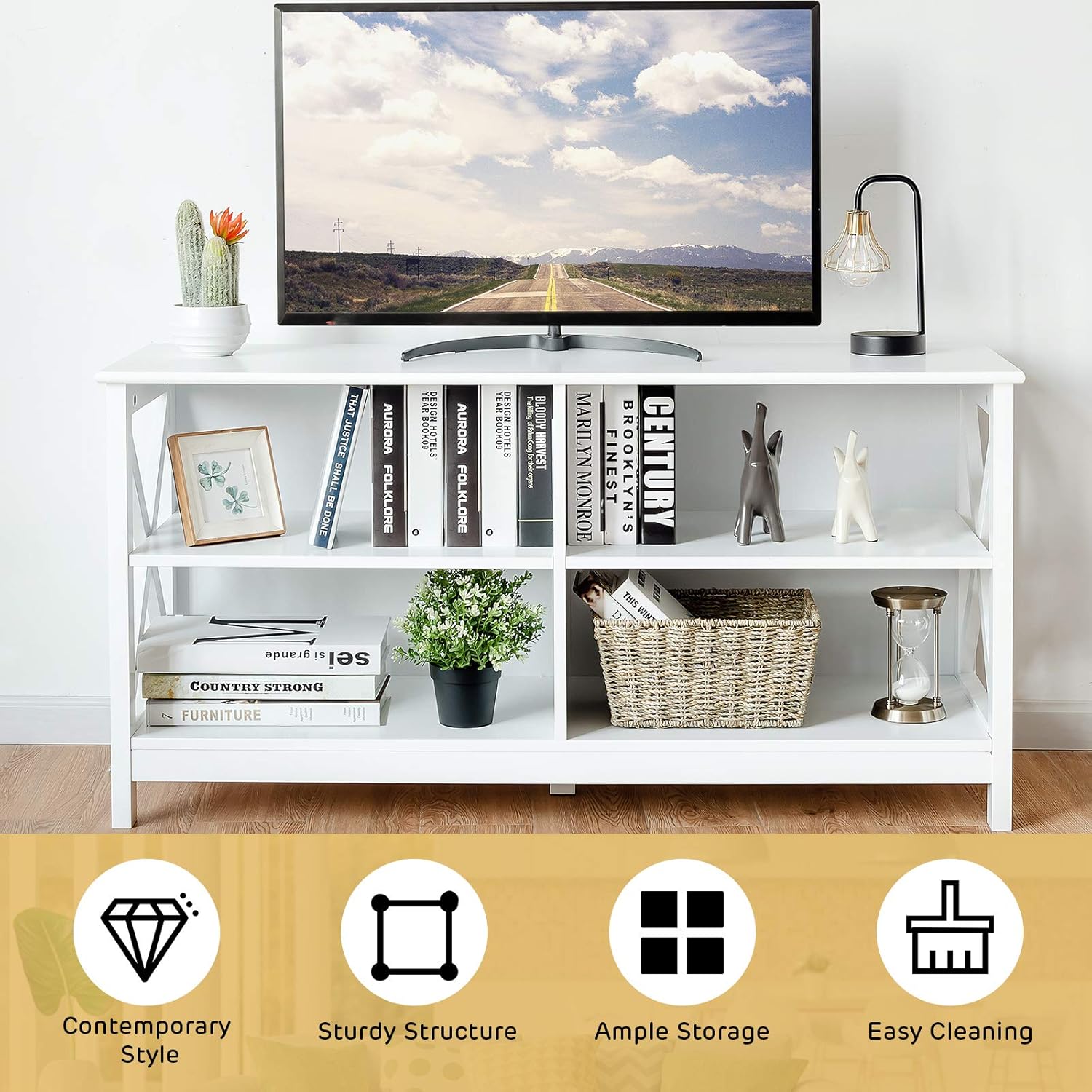 Tangkula White Farmhouse TV Stand Entertainment Center, 47 Inch, 4 Open Shelves, X-Frame - Image 8
