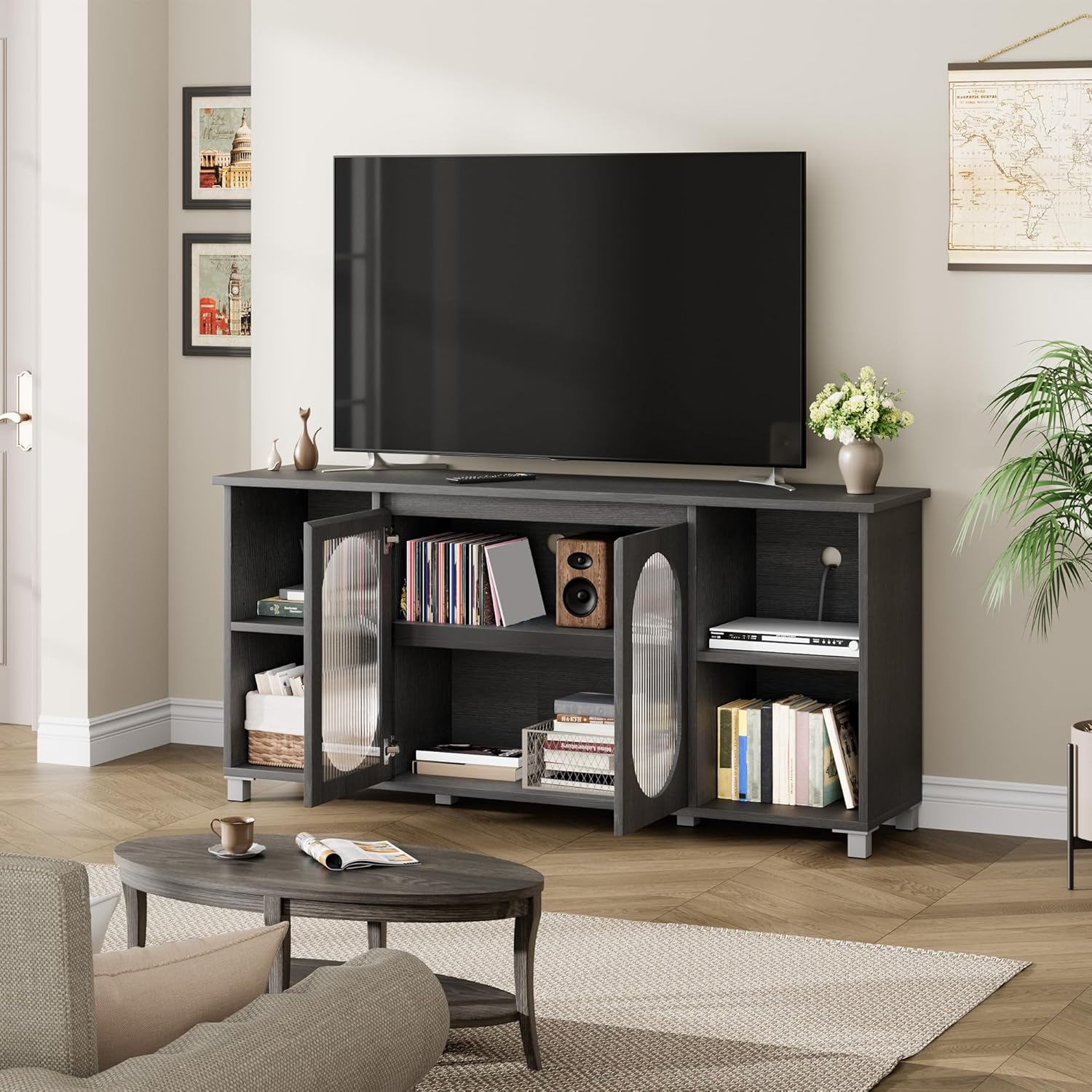 IDEALHOUSE 70 Inch Retro Black TV Stand with Corrugated Glass Cabinet Doors and 4 Open Shelves - Image 3
