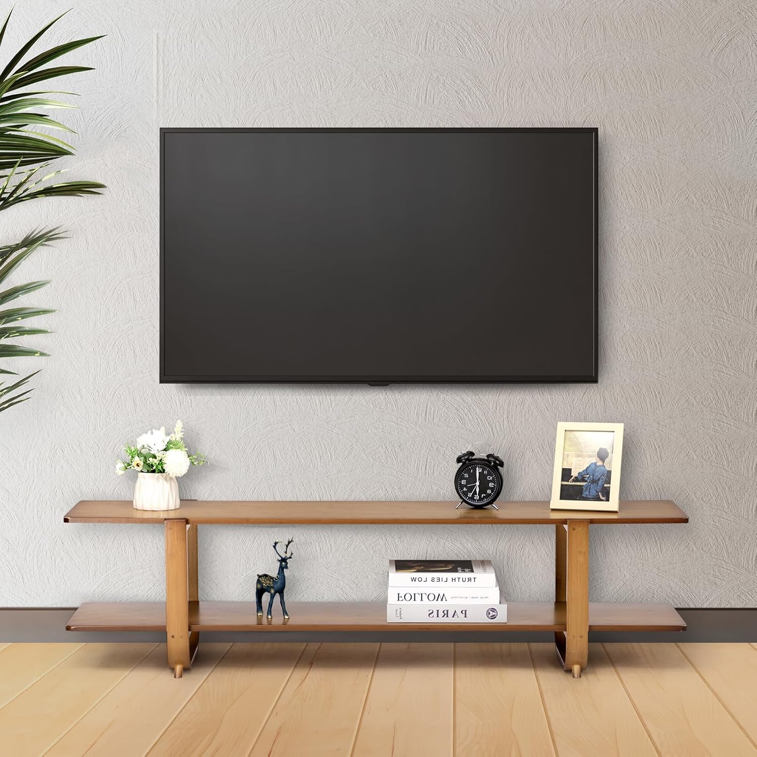 HollyHOME 55-inch Bamboo Modern TV Stand Walnut finish 2 Open Shelf Entertainment Center - Image 7