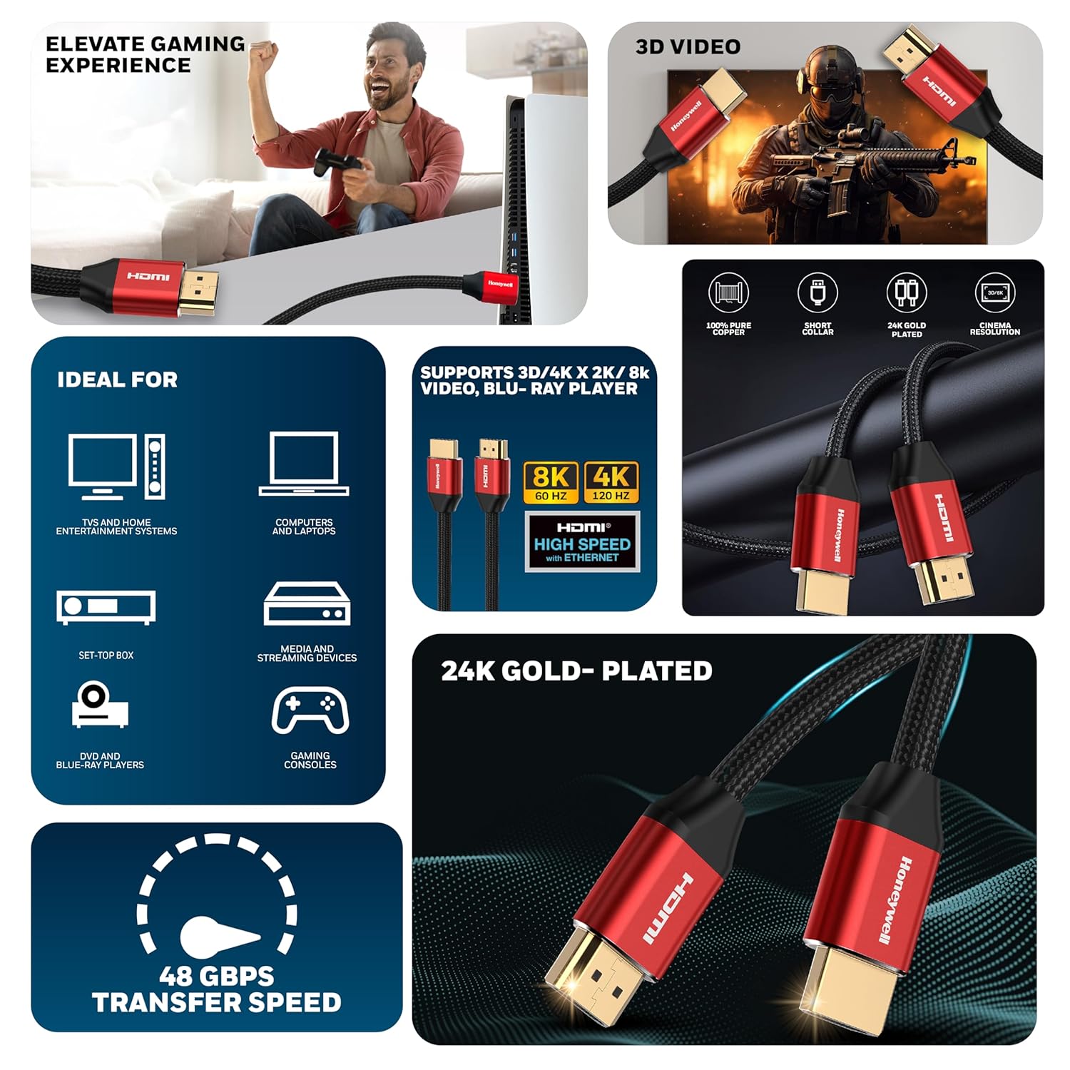 Honeywell 9.8ft 3M HDMI 2.1 Cable 8K 60Hz 4K 120Hz UHD 48Gbps Ultra High Speed Ethernet eARC - Image 3