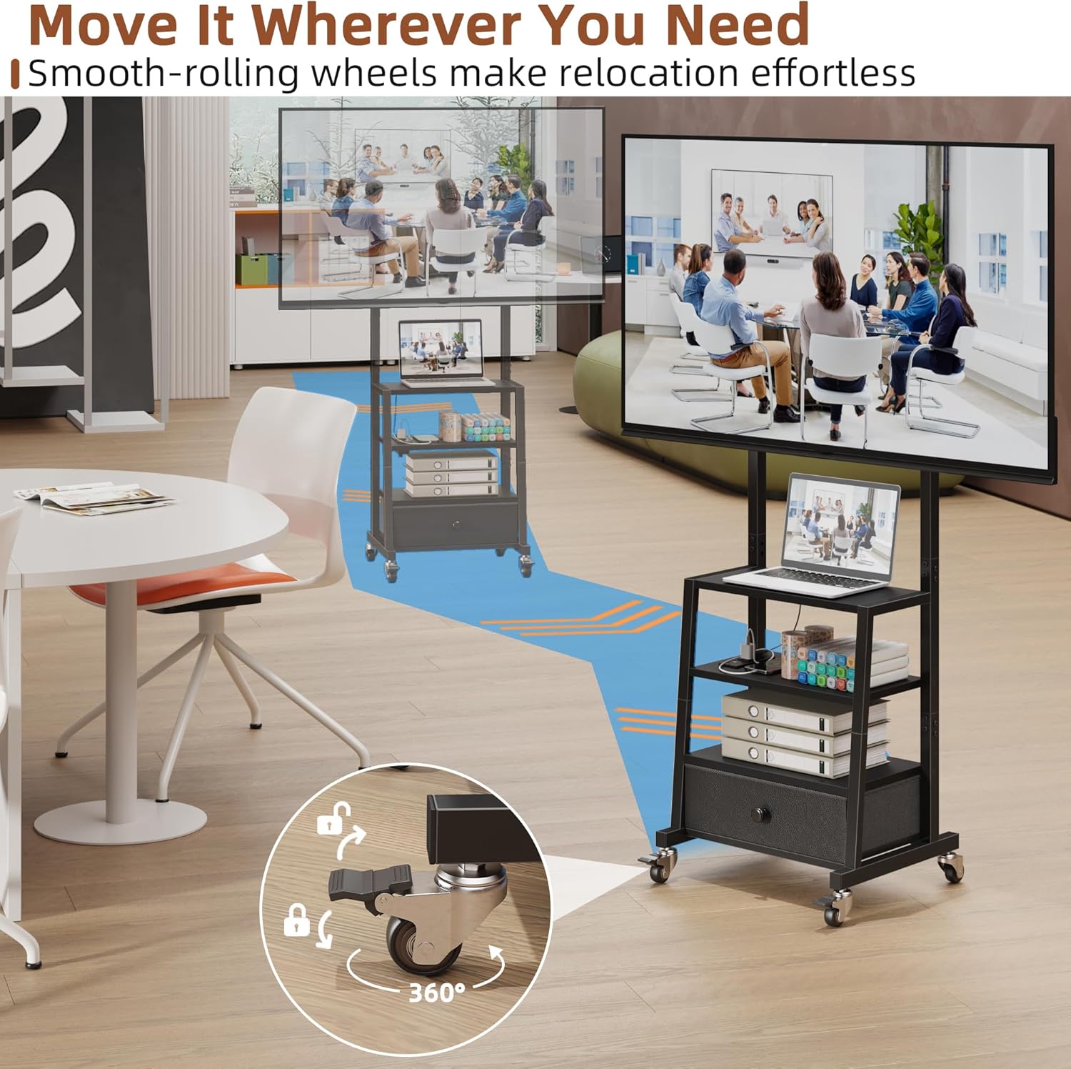 Rolling TV Stand with Mount and Fabric Drawer - 15 Inch Black Entertainment Center - Image 3