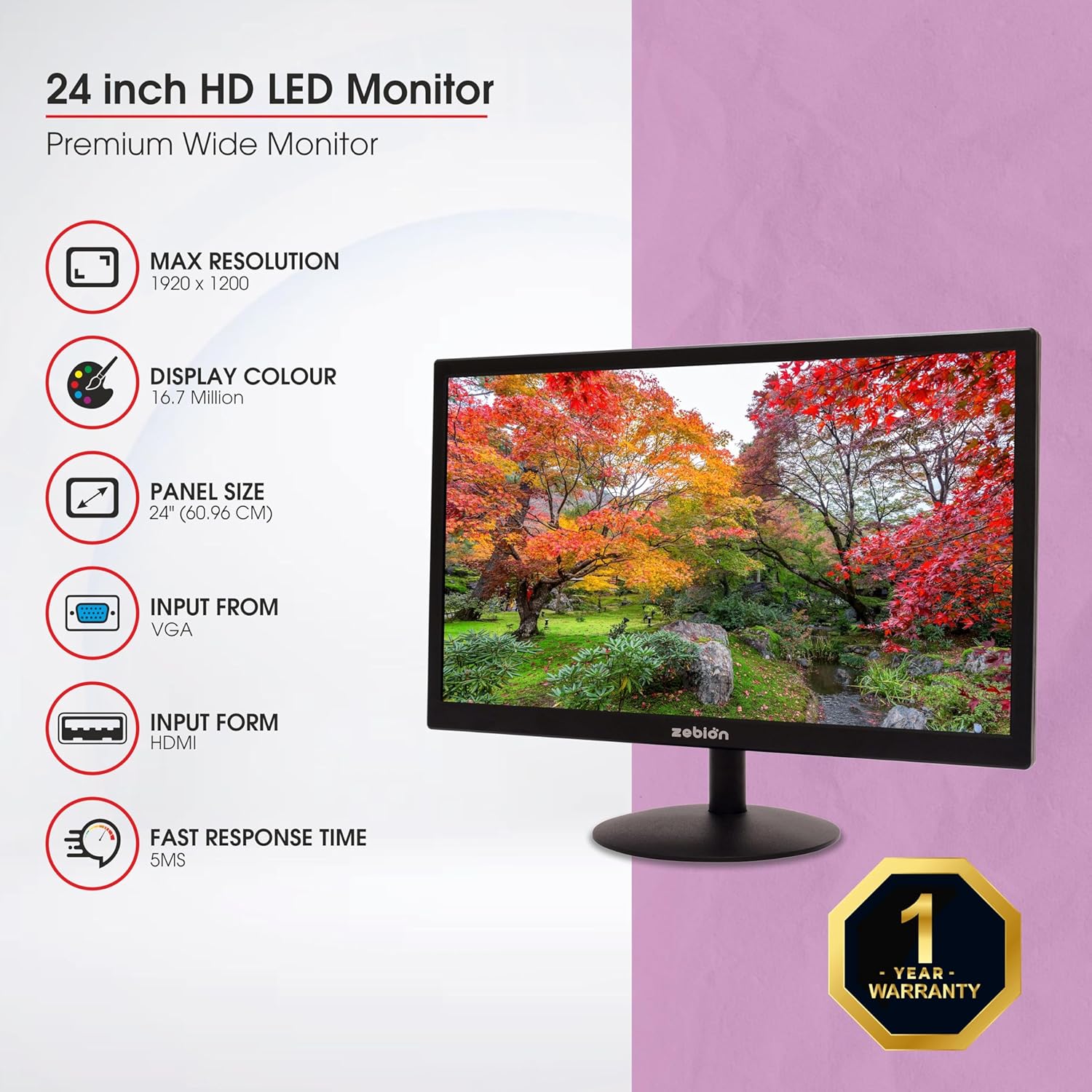 Zebion 24HD 24 Inch Wide LED Monitor Black Glossy Panel HDMI VGA 1920x1200 - Image 4