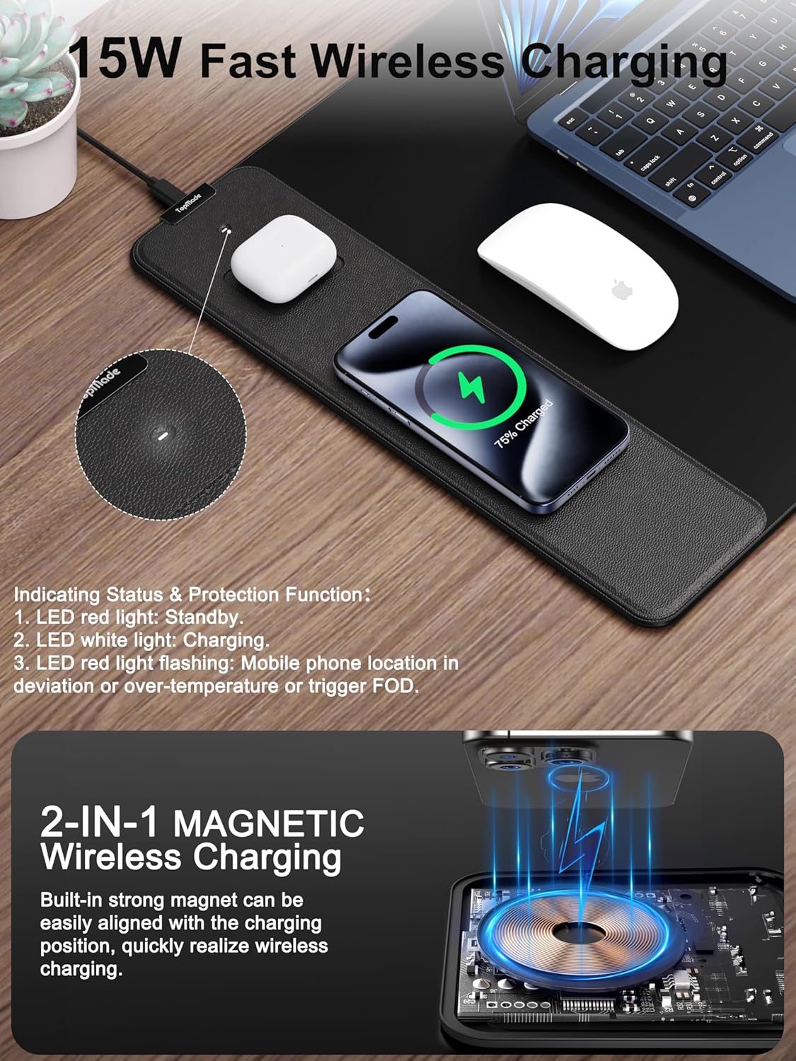 TopMade XXL Large 31.5"x15.75" Wireless Charging Mouse Pad Waterproof Gaming Desk Mat Black - Image 2