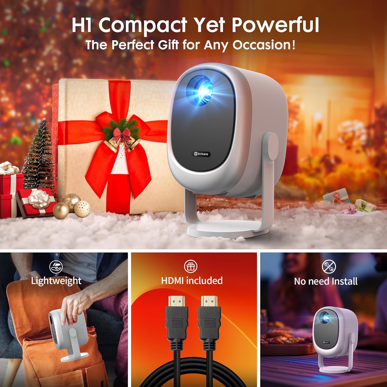 EXTRAVIS H1 Mini Portable Projector 500 ANSI 1080P HD WiFi Bluetooth E-Focus 360° Rotatable Auto Keystone Outdoor Home - Image 6