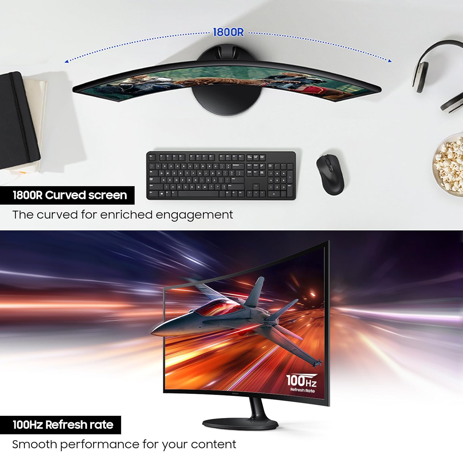 Samsung 24 Inch FHD 100Hz Curved Monitor Black HDMI VGA Headphone ports Eye Saver Mode - Image 2