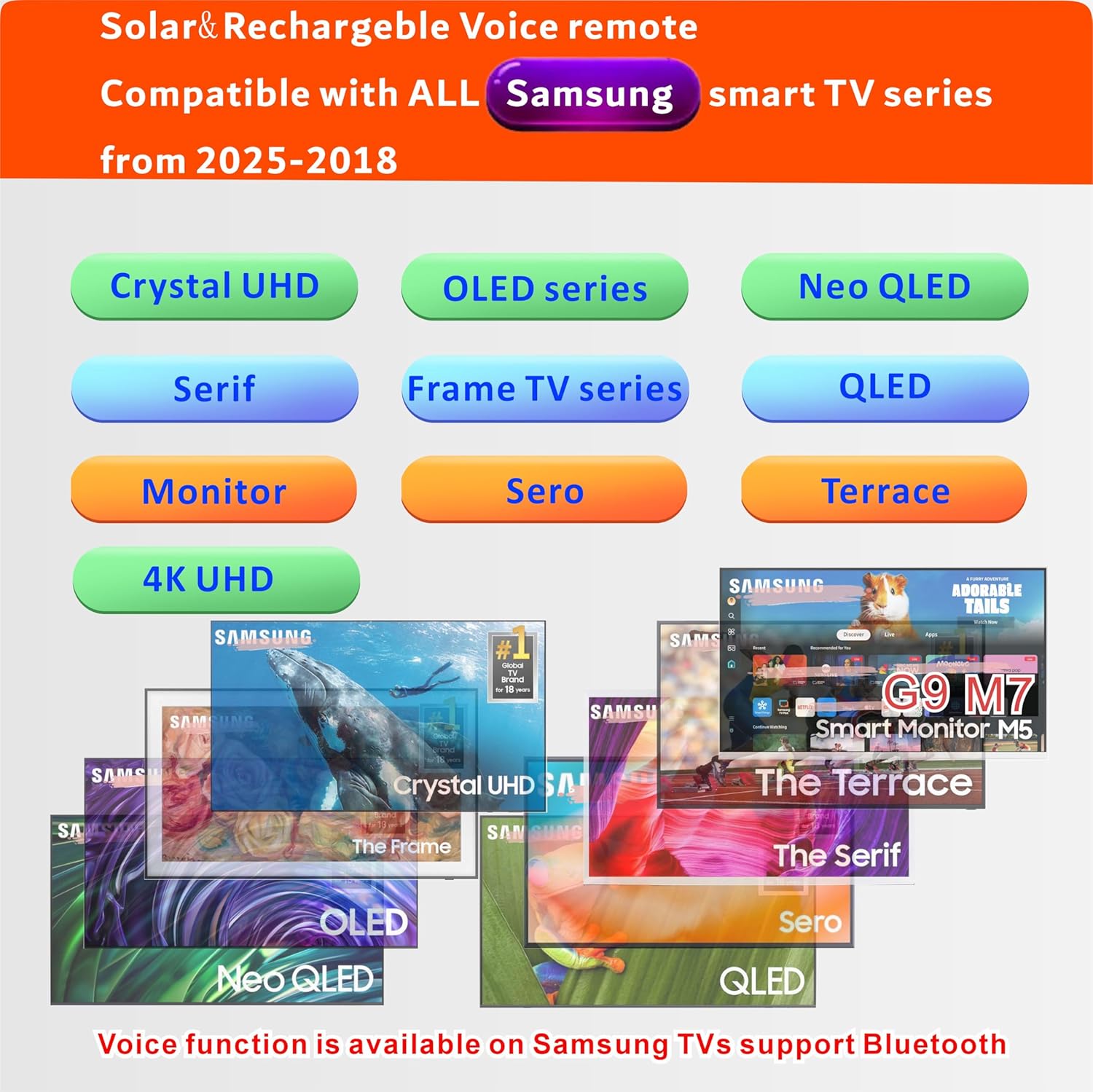 Solar Rechargeable Replacement Remote for Samsung Smart TV Voice Bluetooth 2018-2025 Models - Image 4