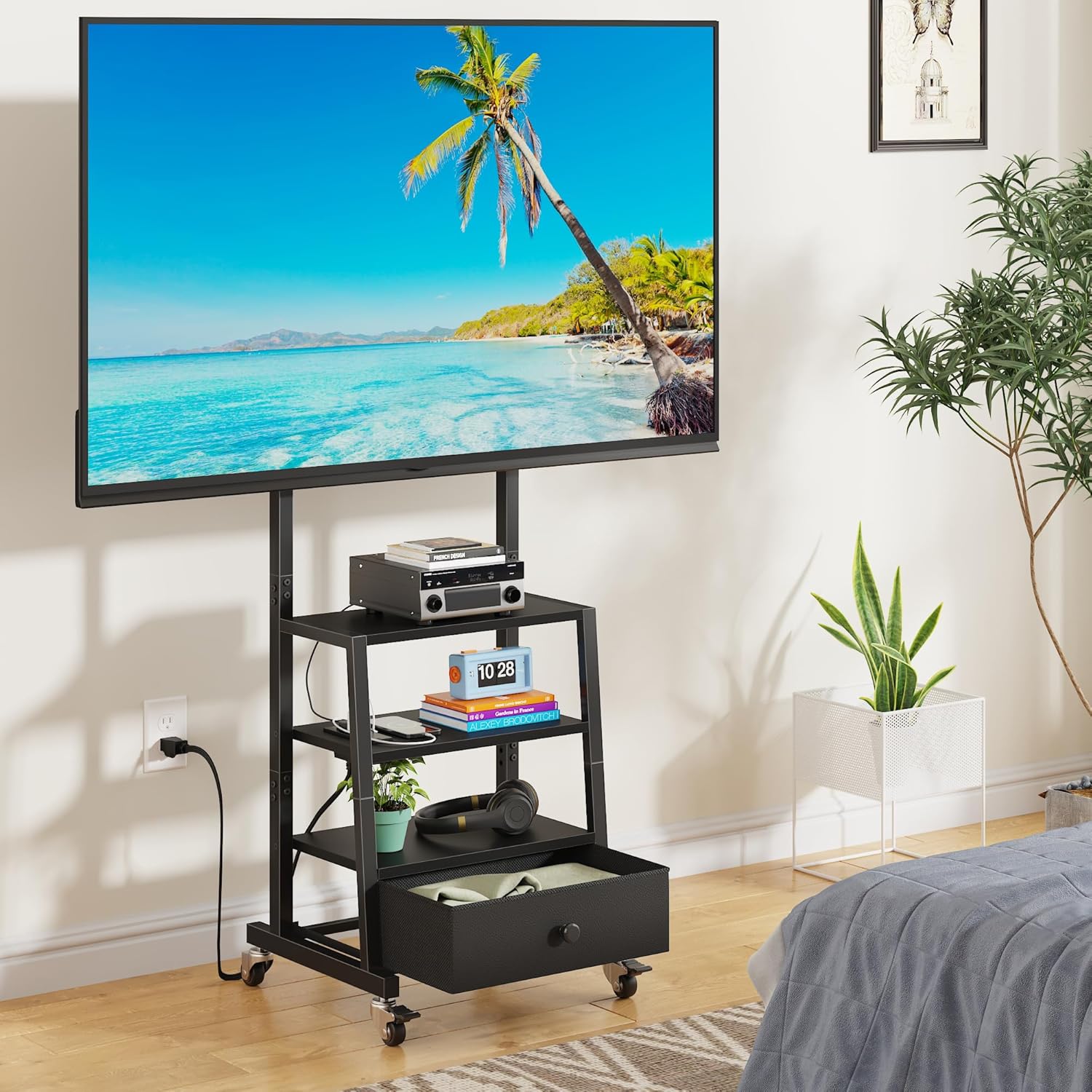 Rolling TV Stand with Mount and Fabric Drawer - 15 Inch Black Entertainment Center - Image 8