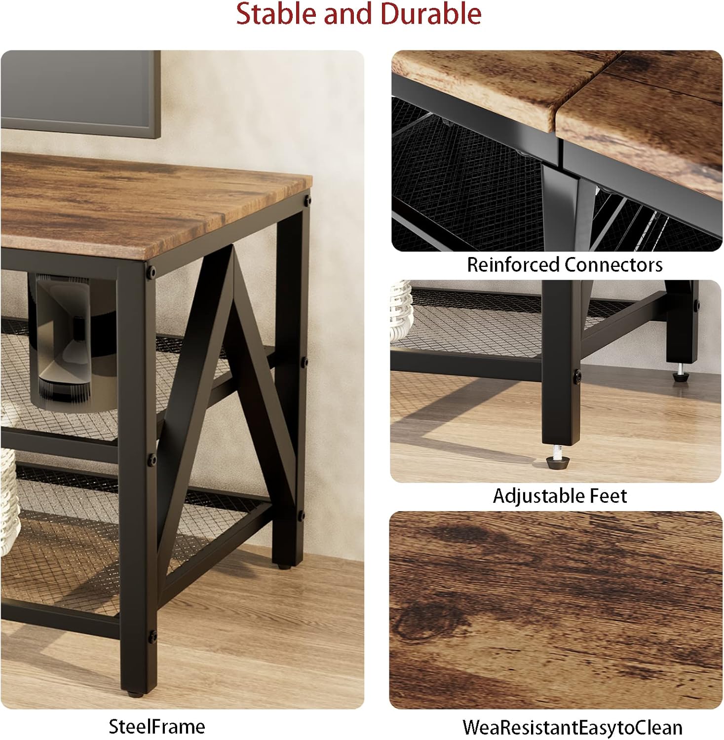 Rustic Brown 55 Inch TV Stand with 3 Tier Storage Shelves for Living Room - Image 3