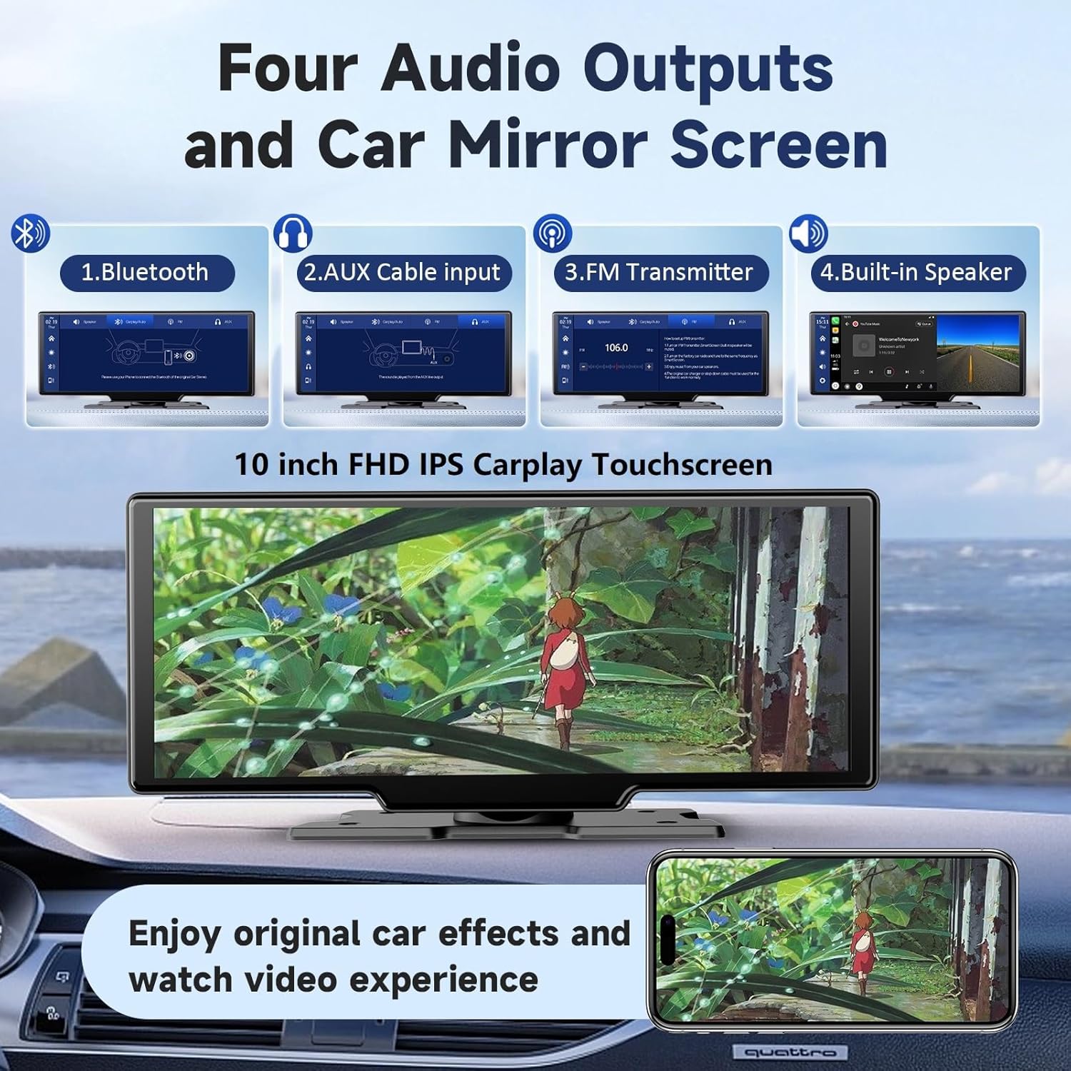 10.26 Inch Wireless Portable Carplay Screen with 4K Dash Cam, Bluetooth and GPS Navigation - Image 4