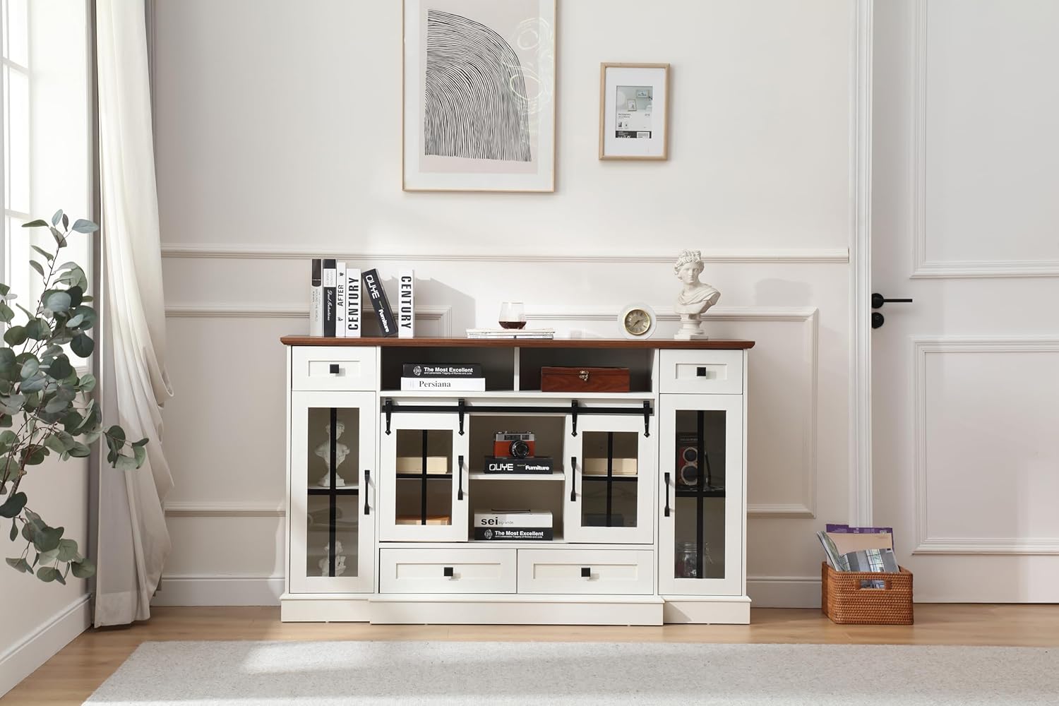 Antique White 59.2 Inch TV Stand for TVs up to 65 Inches with Sliding Doors and Open Storage - Image 7