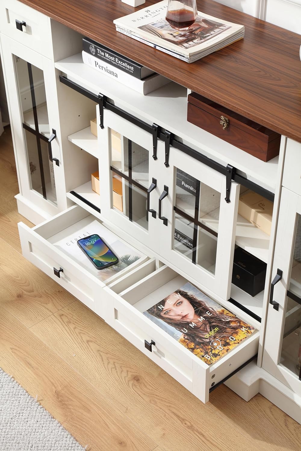 Antique White 59.2 Inch TV Stand for TVs up to 65 Inches with Sliding Doors and Open Storage - Image 9