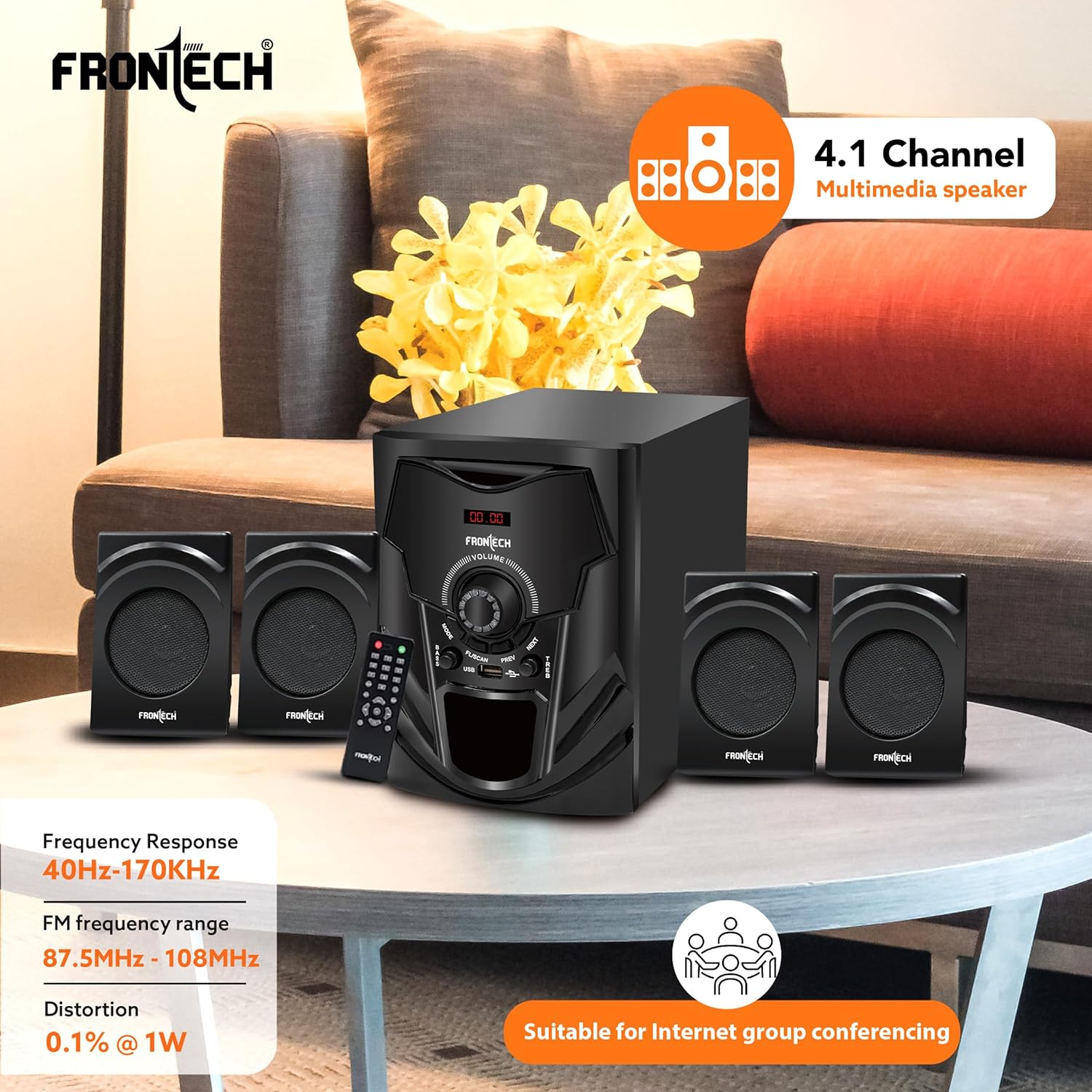 FRONTECH 4.1 Bluetooth 5.0 Speaker System 60W USB FM LED Display Black - Image 2