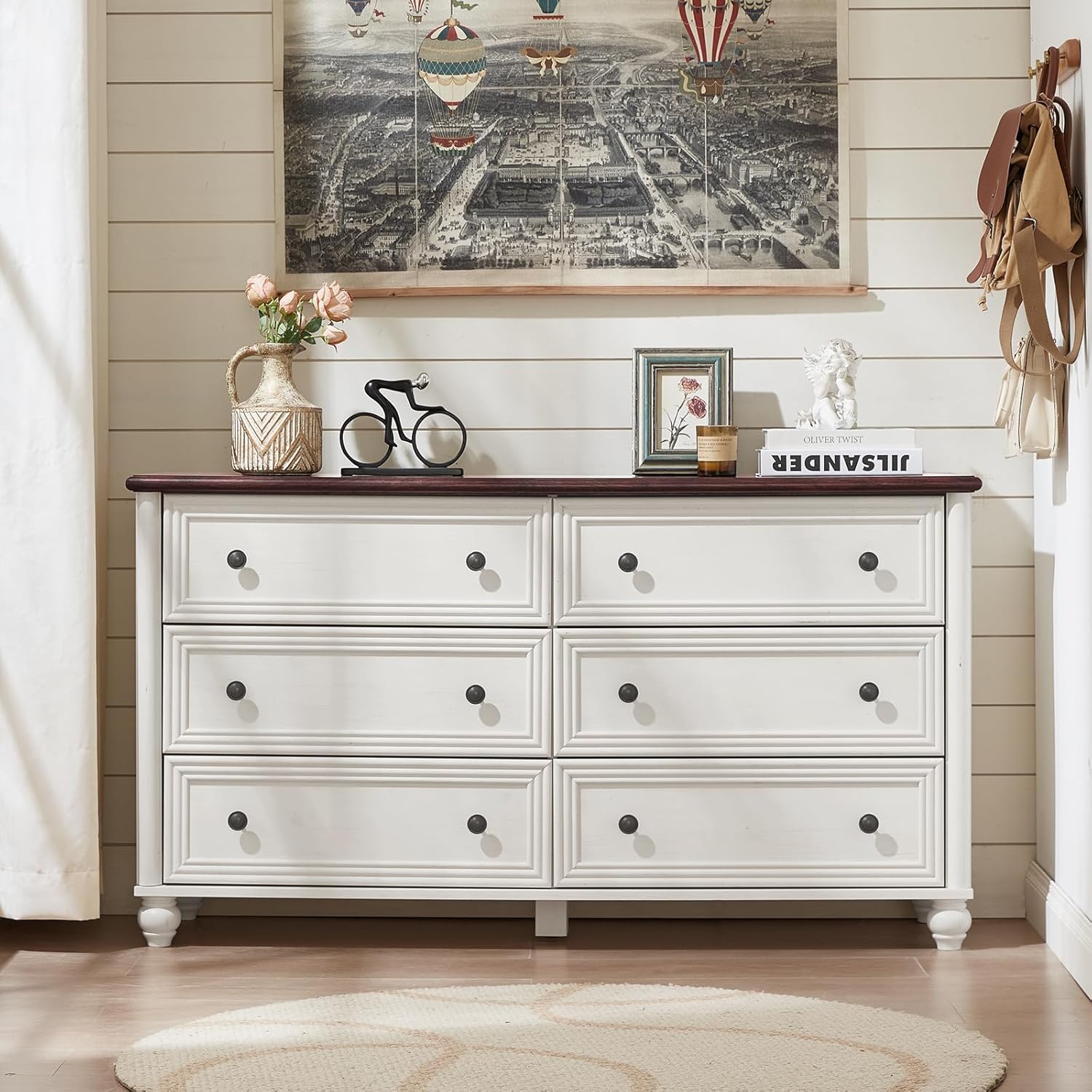 54 Inch Wide Farmhouse Wood Dresser with 6 Drawers Vintage Rustic Design for Bedroom Living Room - Image 9