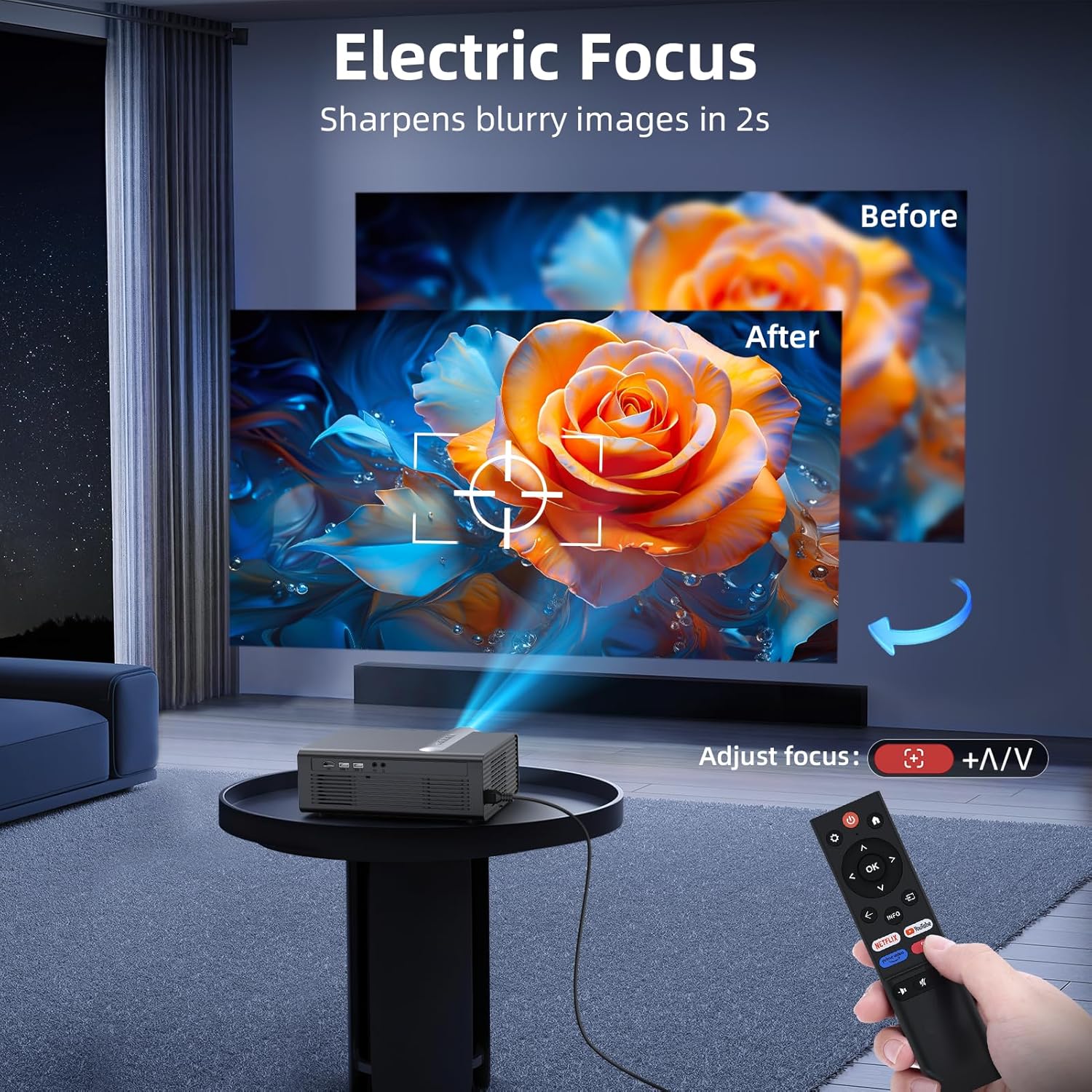 FUDONI 4K Smart Projector WiFi Bluetooth 1080P Native 300 Inch Electric Focus Auto Keystone 50% Zoom Netflix Licensed - Image 5