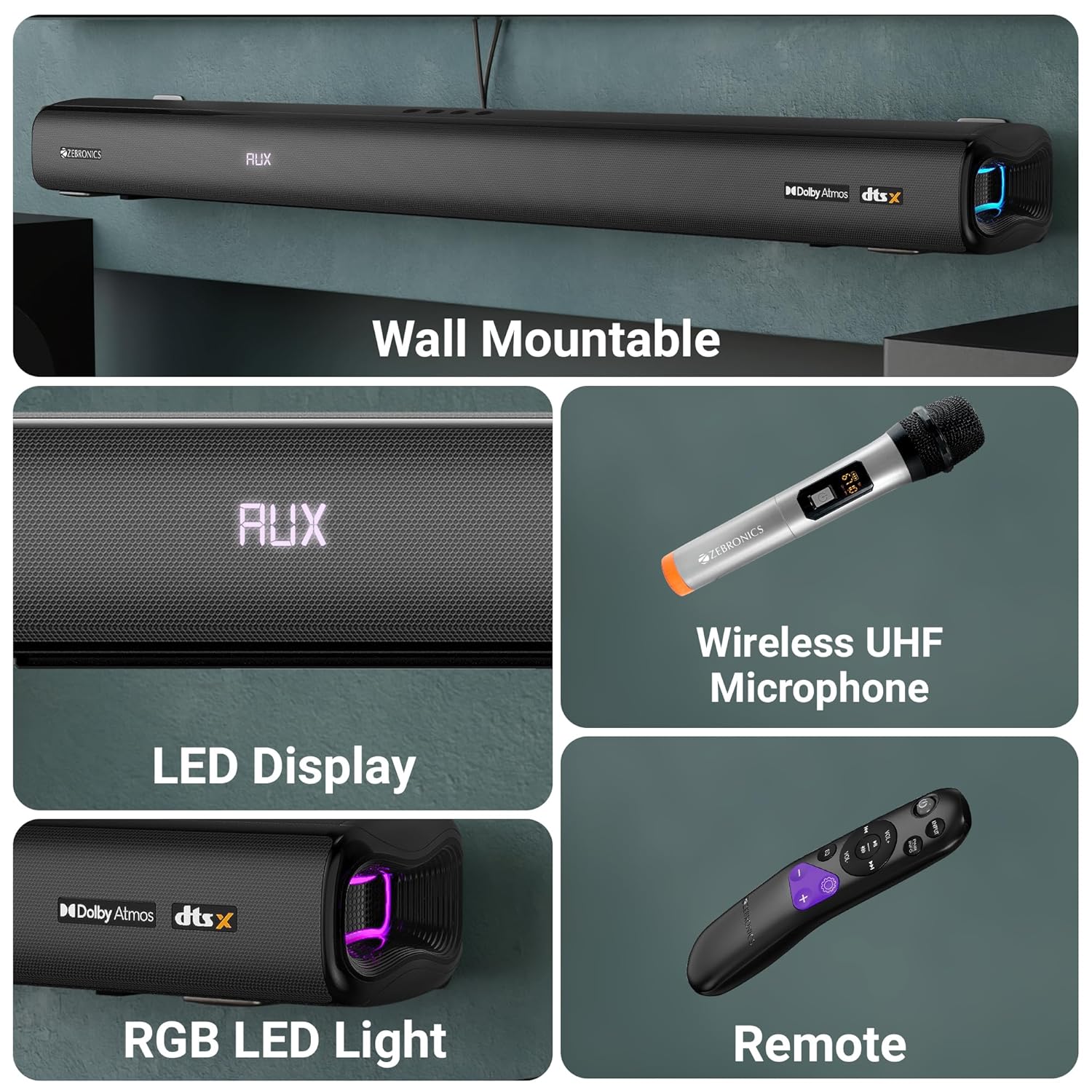 ZEBRONICS Juke BAR 9900 725W Dolby Atmos DTS X 7.2.2 Surround Soundbar Dual Wireless Subwoofer RGB LED - Image 7