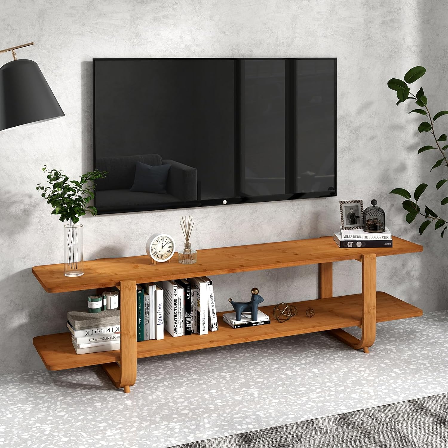 HollyHOME 55-inch Bamboo Modern TV Stand Walnut finish 2 Open Shelf Entertainment Center - Image 3