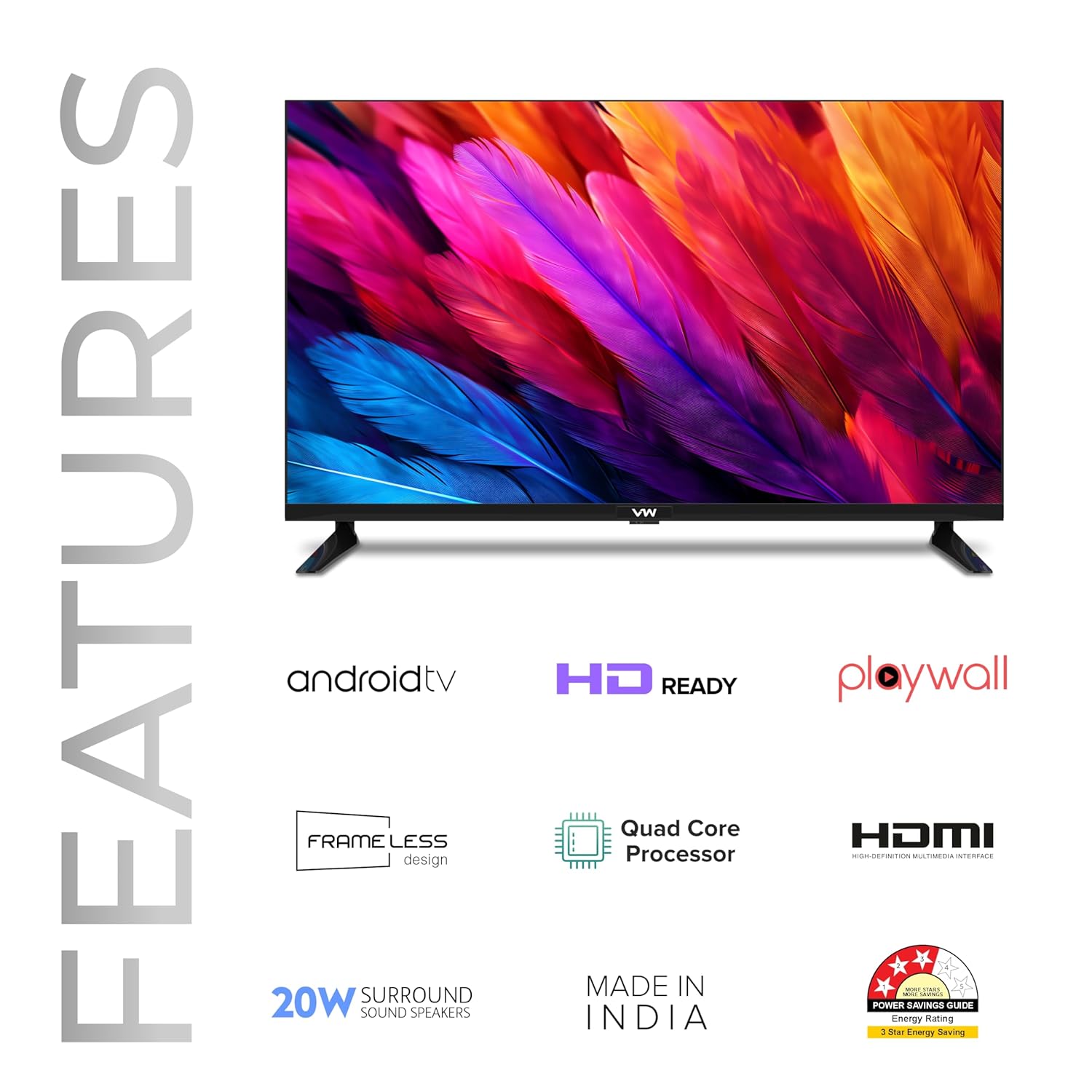 VW 80cm 32 Inch HD Ready Android Smart LED TV Frameless Black VW32F5 - Image 2